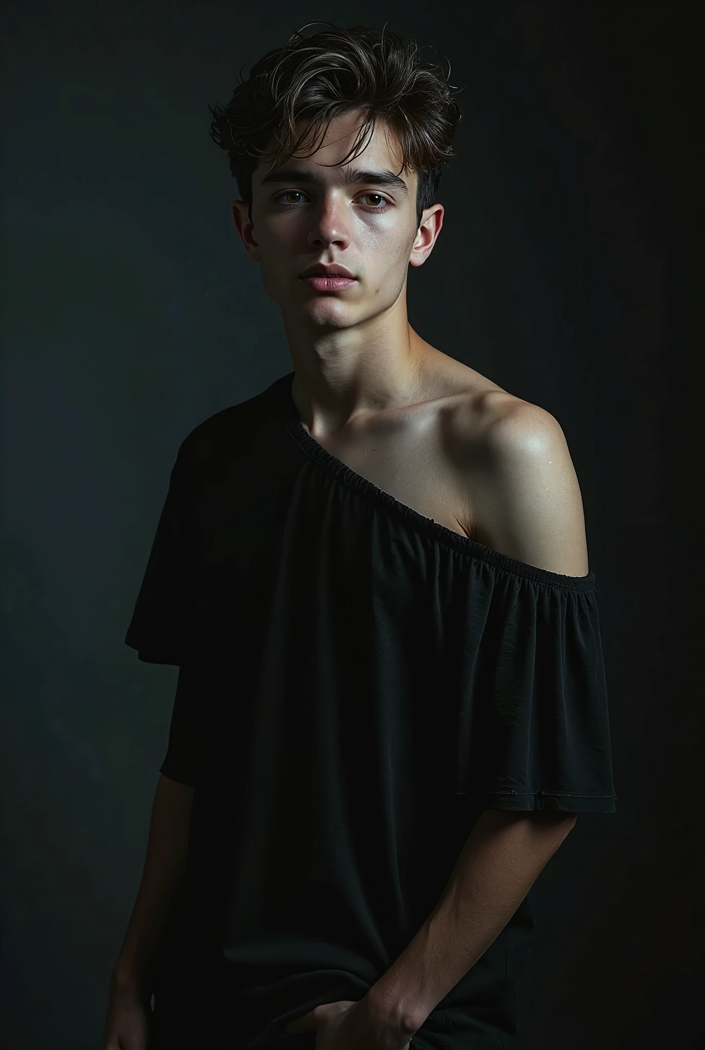 a hyper-realistic 18 year old male with devil-like features, erect penis, detailed facial features, intricate textures, dramatic lighting, dark fantasy atmosphere, chiaroscuro, cinematic composition, masterpiece