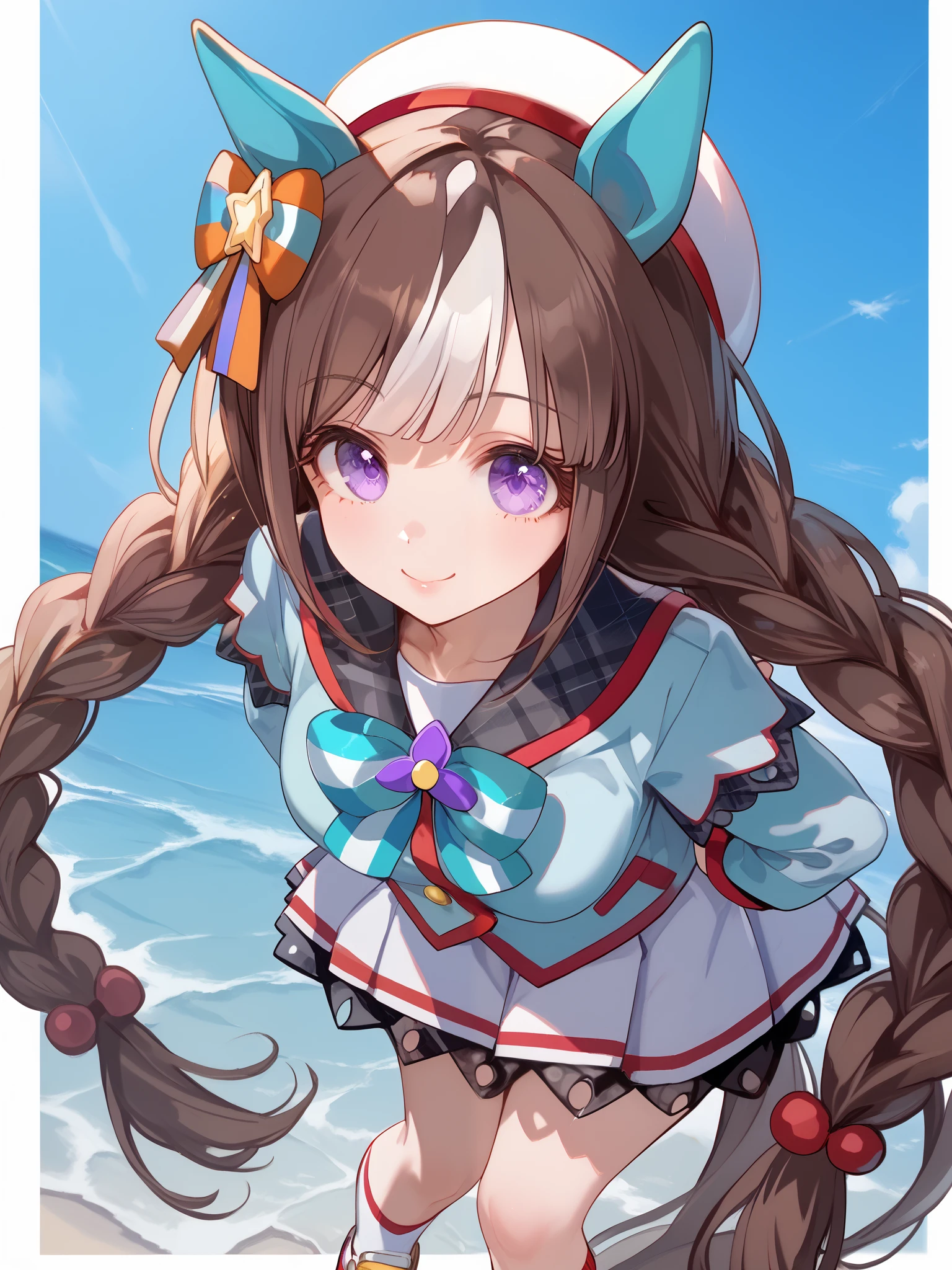 Hokko Tarumae (umamusume), brown hair, two-tone hair, twin long braids, purple eyes, horse girl, horse ears, ear cover, horse tail, white headwear, hair bow, striped bow, sailor collar, collarbone, white jacket, half gloves, mismatched gloves, black gloves, white gloves, long sleeves, bowtie, white skirt, white socks, shoes, sneakers(( standing)),(best smile),(school classroom),(is leaning forward),I'm dyeing my cheeks a little red,Super upshot of the character,1 girl, Alone, anime style,cute girl,Best Quality, super detailed, anime style,8k, high resolution, detailed face, (Above the thighs image),Character's Upgraded Image,((Smooth Thighs)),((character up image from the thigh)), image from an oblique front