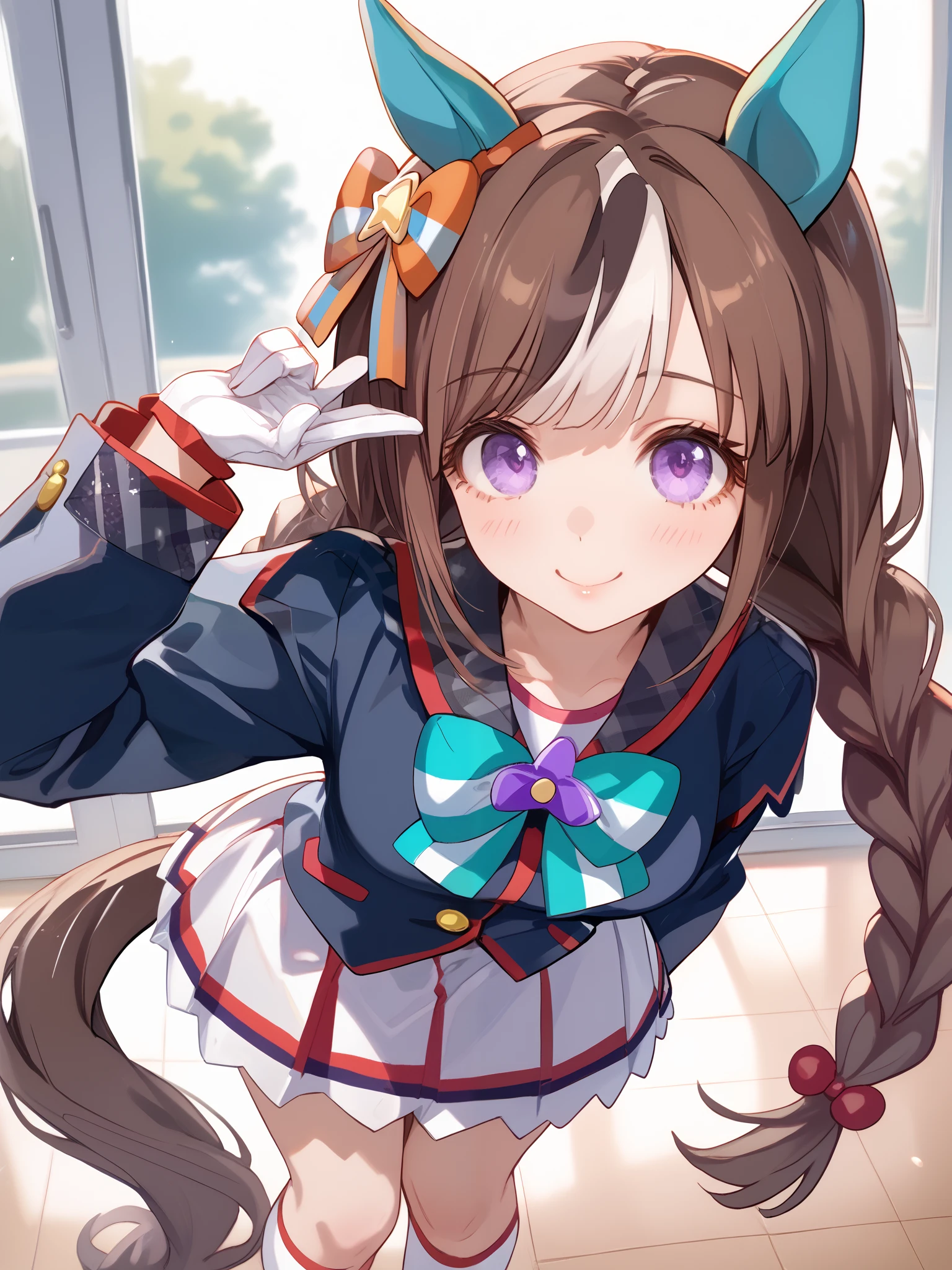Hokko Tarumae (umamusume), brown hair, two-tone hair, twin long braids, purple eyes, horse girl, horse ears, ear cover, horse tail, white headwear, hair bow, striped bow, sailor collar, collarbone, white jacket, half gloves, mismatched gloves, black gloves, white gloves, long sleeves, bowtie, white skirt, white socks, shoes, sneakers(( standing)),(best smile),(school classroom),(is leaning forward),I'm dyeing my cheeks a little red,Super upshot of the character,1 girl, Alone, anime style,cute girl,Best Quality, super detailed, anime style,8k, high resolution, detailed face, (Above the thighs image),Character's Upgraded Image,((Smooth Thighs)),((character up image from the thigh)), image from an oblique front