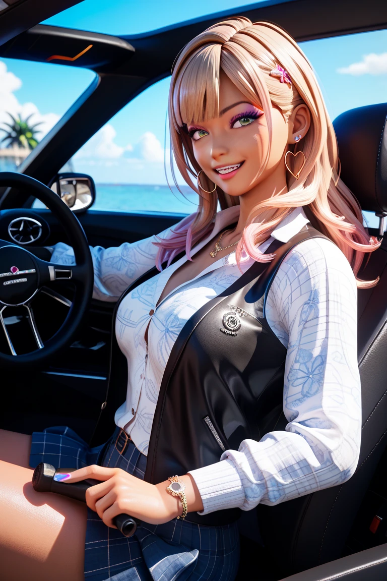 1Nun sitting in a car, young girl bangs tourmaline frange kunzite, nsfw pink blush kind smile jewelry, looking at viewer, car interior, solo, purple eyes, steering wheel, white and black shirt, off shoulder, black jacket, sleeves wrist scrunchie, (sitting on passenger seat), (Nun stylish outfit), ultra_high-details, ultra_high-quality, ultra_high-definition, ultra_high-resolution, UnrealEngine5 ultra Cinematic_sunLight, Epic tmasterpiece, dynamic composition, ultra-professional photorealistic, ultra-detailed, large breasts, BREAK holding a coffee cup, BREAK (car indoors:1.2 deep path equirectangular) passenger seat (seatbelt:1.2), glass, "Heavy Metal" chrome, extremely detailed, reflection, reveal transparent, varies multi etc. --v6 --s1000 --c20 --q5 --chaos100