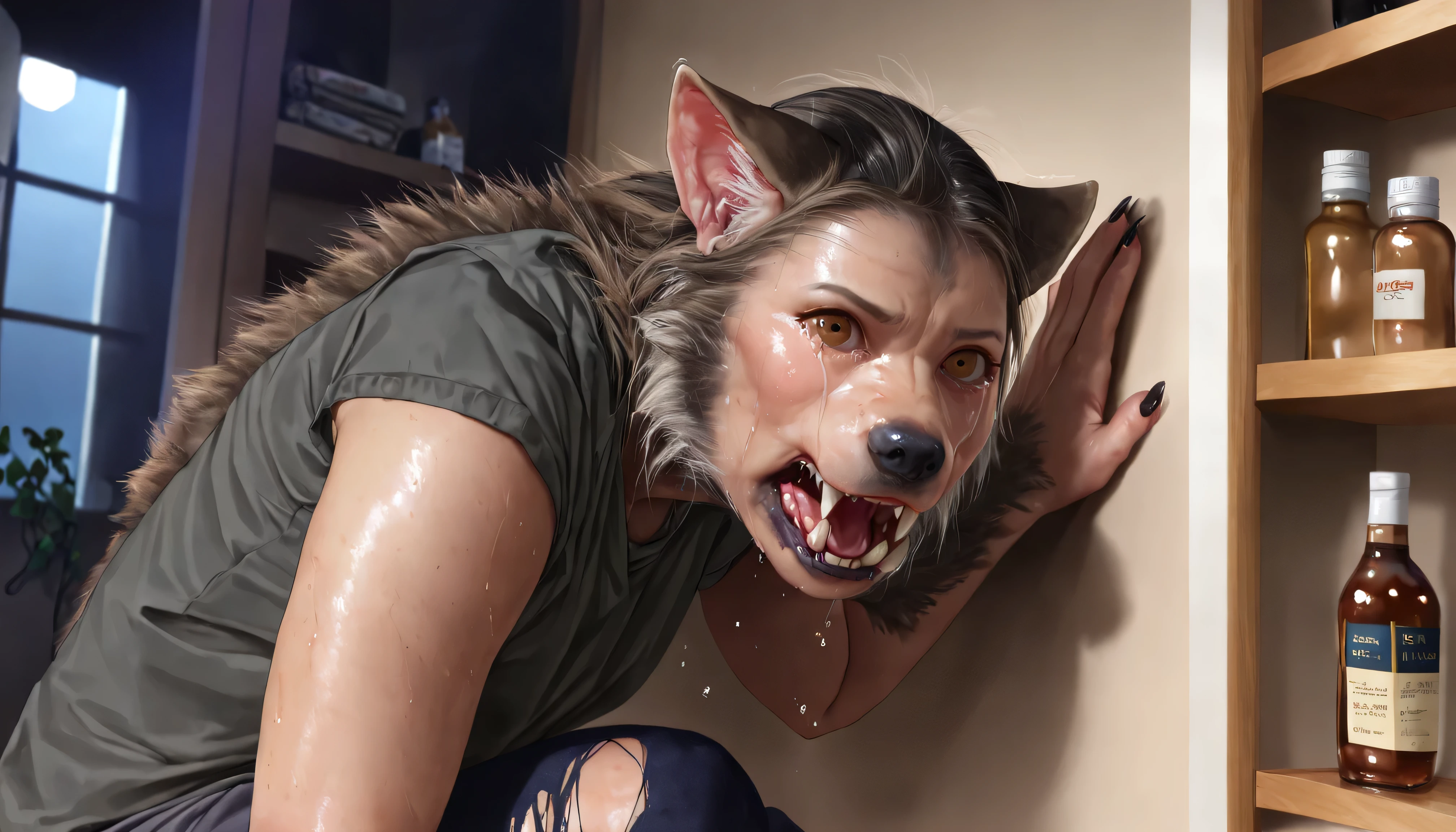 high angle view, Skin, human, Werewolf transformation, morfing,  human, [werewolf: human:0.7], [arms: paws:0.7], [human skin: fur: 0.5], detailed fur, gradual fur, spread, shaking:1.1, crying, sweating, in pain:0.8, scared:0.8, shaking, confused:0.8, torn clothes:1.1, thick fingers through, torn socks, deep night, ((darkness, dramatic moonlight, night)), inside, shelf, in corner, bottle, vine, scraps around, clothes scraps,((Ultra-detailed, Realistic, Photorealistic, photo-realistic:1.37), 4k, 8k, RAW, HDR, UHD, Canon EOS P3, Canon EOS R3, 85mm f/1.4, 15mm, 35mm, 80mm, f2.8, high resolution, hd, full colour, 4k, high definition, 3 point lighting, sharp focus, smooth, Professional, cinematic, extreme detail, (high detail:1.4) description, masterpiece, deep shades, best quality,))