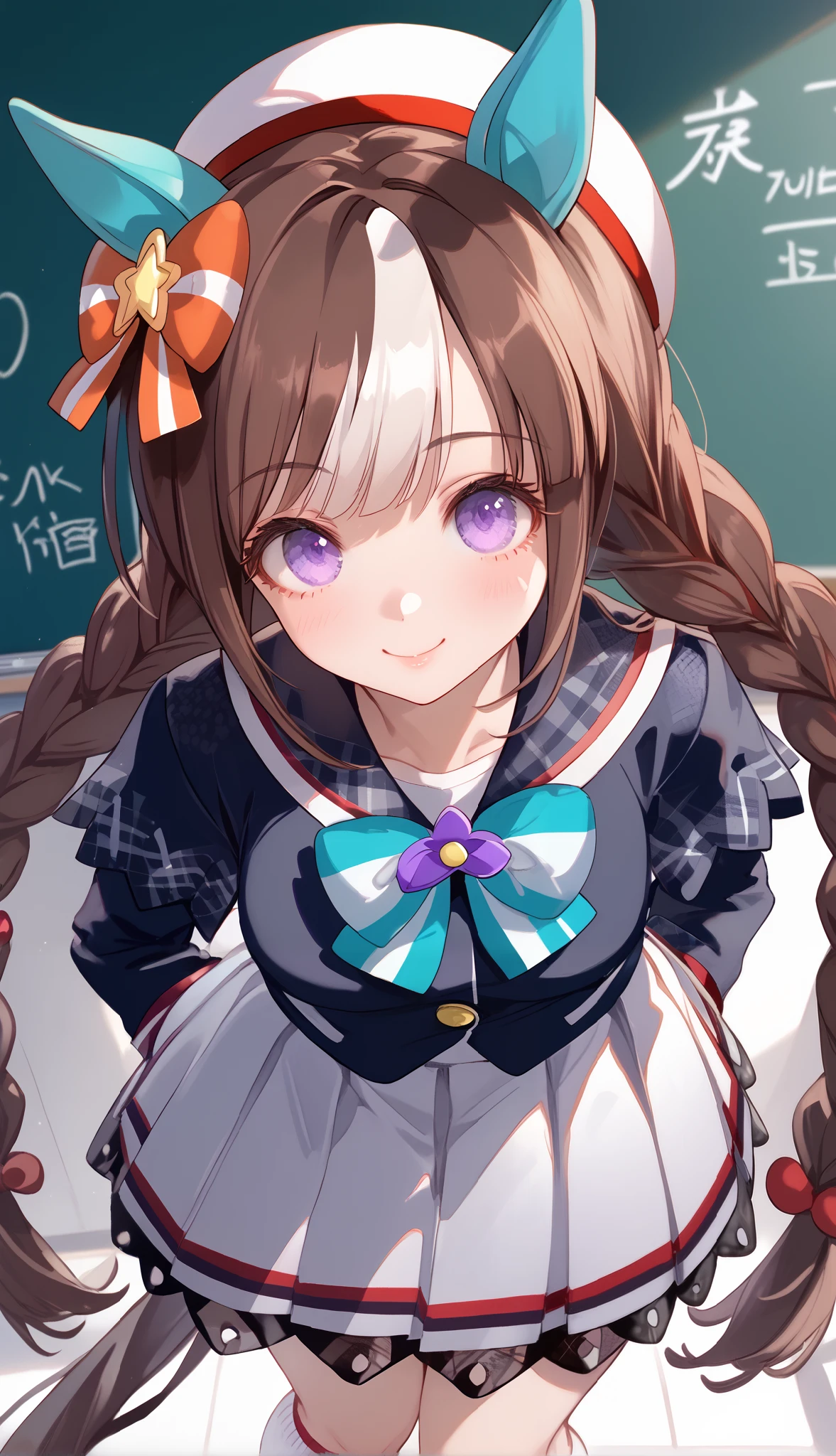 Hokko Tarumae (umamusume), brown hair, two-tone hair, twin long braids, purple eyes, horse girl, horse ears, ear cover, horse tail, white headwear, hair bow, striped bow, sailor collar, collarbone, white jacket, half gloves, mismatched gloves, black gloves, white gloves, long sleeves, bowtie, white skirt, white socks, shoes, sneakers(( standing)),(best smile),(school classroom),(is leaning forward),I'm dyeing my cheeks a little red,Super upshot of the character,1 girl, Alone, anime style,cute girl,Best Quality, super detailed, anime style,8k, high resolution, detailed face, (Above the thighs image),Character's Upgraded Image,((Smooth Thighs)),((character up image from the thigh)), image from an oblique front