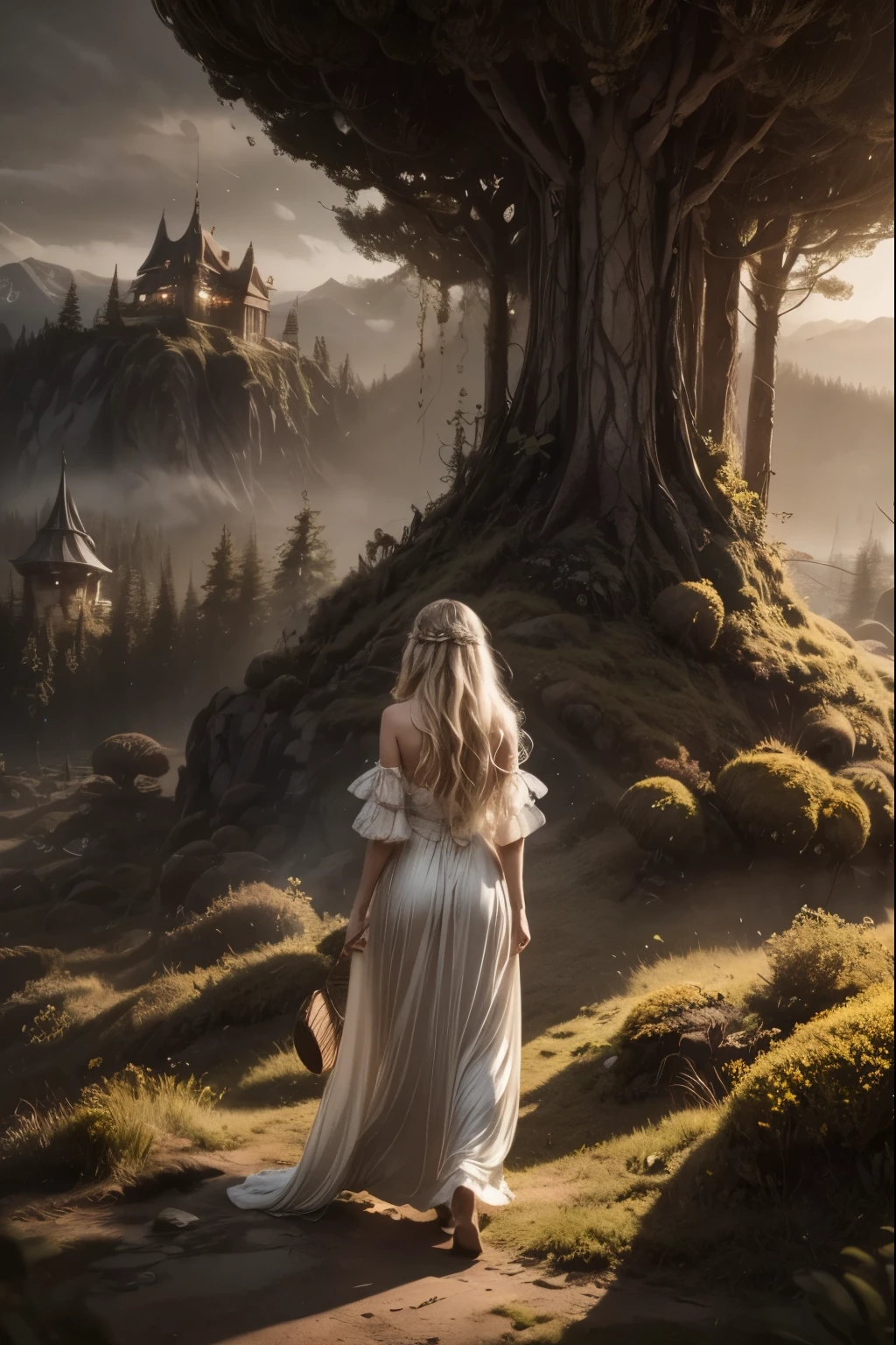 A dreamlike fantasy landscape, a surreal forest with glowing mushrooms, floating islands, and a whimsical castle in the distance, 1girl, detailed face, beautiful eyes, long hair, detailed dress, walking through the mystical scenery, (best quality,4k,8k,highres,masterpiece:1.2),ultra-detailed,(realistic,photorealistic,photo-realistic:1.37),fantasy,surreal,dreamscape,magical,ethereal,glowing,vibrant colors,dramatic lighting