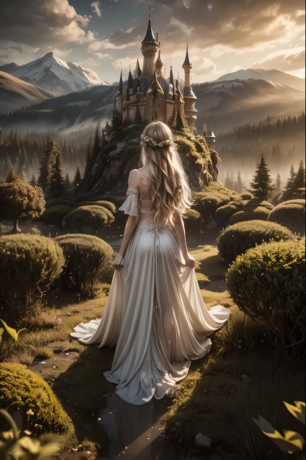 A dreamlike fantasy landscape, a surreal forest with glowing mushrooms, floating islands, and a whimsical castle in the distance, 1girl, detailed face, beautiful eyes, long hair, detailed dress, walking through the mystical scenery, (best quality,4k,8k,highres,masterpiece:1.2),ultra-detailed,(realistic,photorealistic,photo-realistic:1.37),fantasy,surreal,dreamscape,magical,ethereal,glowing,vibrant colors,dramatic lighting