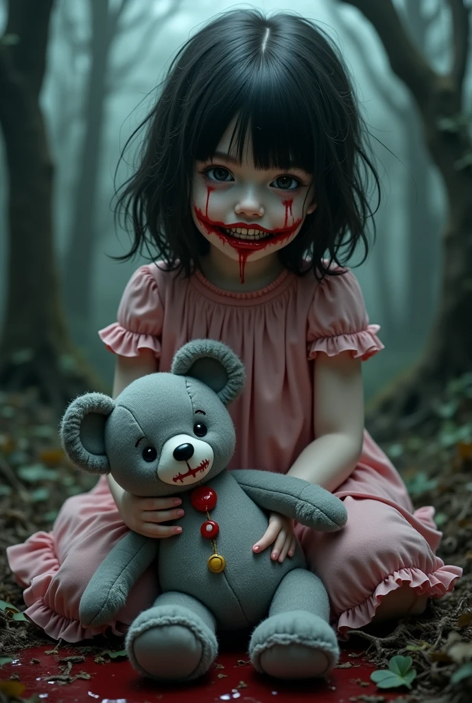 ((Best quality: 0.8)) ((perfect)) 1girl, child, long hair, dark brown, blue eyes, white dress, blood stains, fair skin, face covered in blood, torn white socks, a white teddy bear, gray background, cute, blood face, 