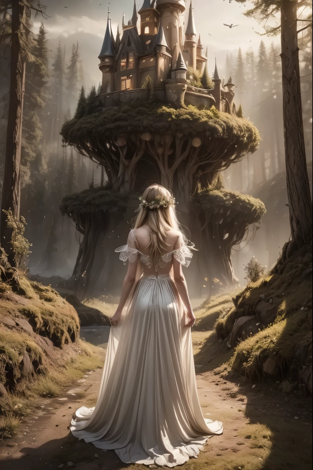 A dreamlike fantasy landscape, a surreal forest with glowing mushrooms, floating islands, and a whimsical castle in the distance, 1girl, detailed face, beautiful eyes, long hair, detailed dress, walking through the mystical scenery, (best quality,4k,8k,highres,masterpiece:1.2),ultra-detailed,(realistic,photorealistic,photo-realistic:1.37),fantasy,surreal,dreamscape,magical,ethereal,glowing,vibrant colors,dramatic lighting
