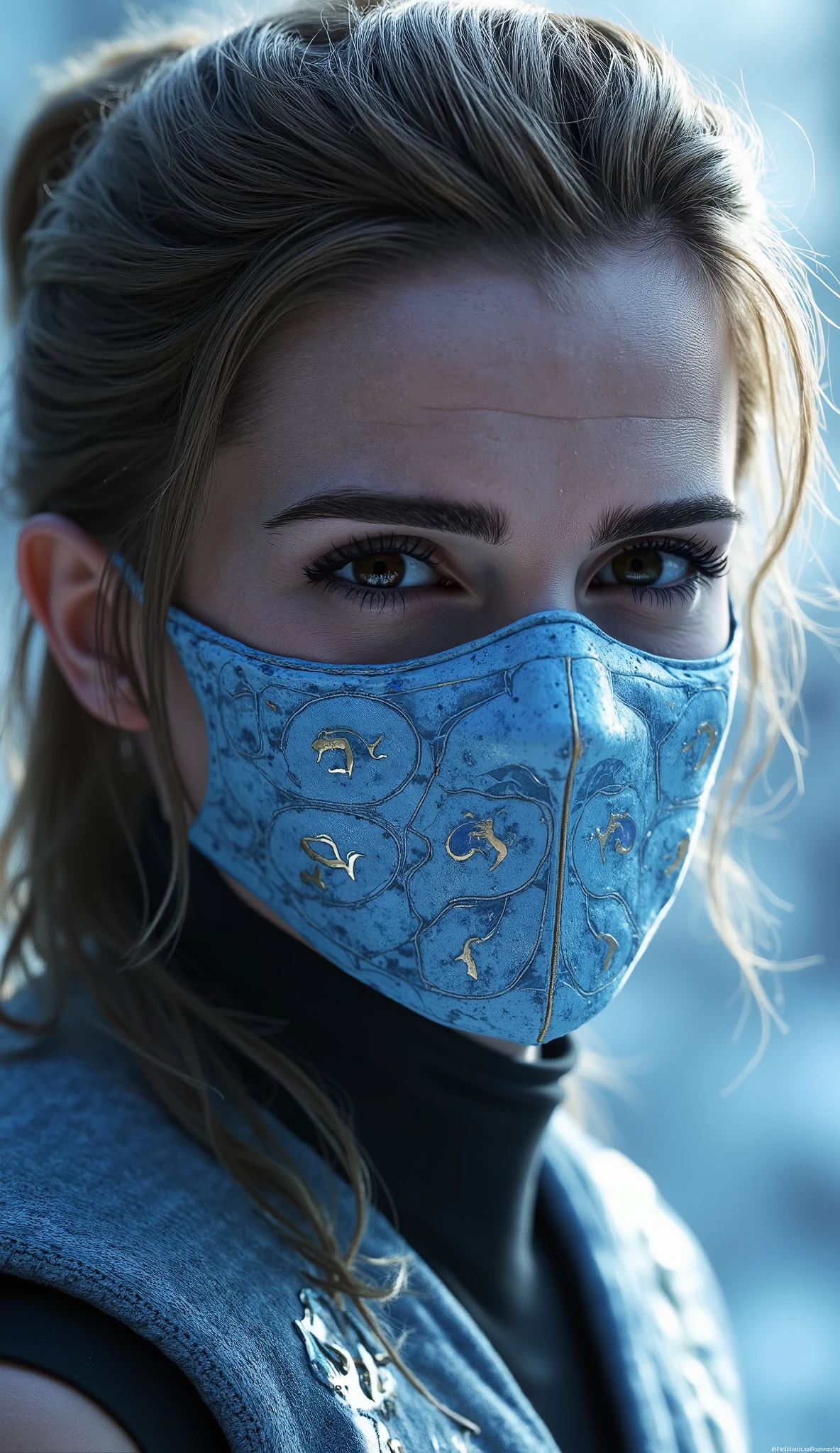 Here is a detailed prompt to generate an image ** super realistic** da Sophie Turner como **Frost**, focused **only on the face**, with a very detailed and shiny white metallic mask, and an impactful background:
Close-up do rosto. Extremely realistic branca mask and silver details. flawless skin texture. Bottom: dense forest, Greg Rutkowski style . dramatic lighting. 8k. 8k, rendered in Unreal Engine 5 realistic background Ultra-detailed textures, Cinematogr lighting
**"Close-up hiper-realista do rosto da Sophie Turner como Frost, the cryomating warrior of * mortal kombat*. She has a cold and calculating expression , with penetrating eyes that convey determination and power. Her metallic white mask covers part of the face, with intricate details and brilliant reflections that highlight the shimmering material. The mask is adorned with geometric patterns and small blue ornaments that complement your look. The lighting is cool and dramatic , with shades of blue and silver , creating strong contrasts between light and shadow . The background is a realistic, icy setting, with bluish lights, ice crystals and a soft mist, adding an intense and immersive atmosphere."**
---
**Extra details for realism:**
- **mask:** Highly detailed design, with metallic reflections , geometric patterns and bright blue ornaments.
- ** Expression:** look cold and calculating, transmitting the powerful and determined essence of Frost.
- **Bottom:** Hyper-detailed textures in the ice crystals and surrounding fog.
This prompt combines iconic Frost elements with Sophie Turner's unique look, ensuring a cinematic and immersive result! 🔥