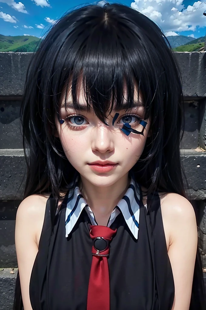 high res, masterpiece,Rikka Takanashi, black hair, solo, 1girl,outside,deatailed background, detailed eyes, ((blue eyes)), eyepatch
