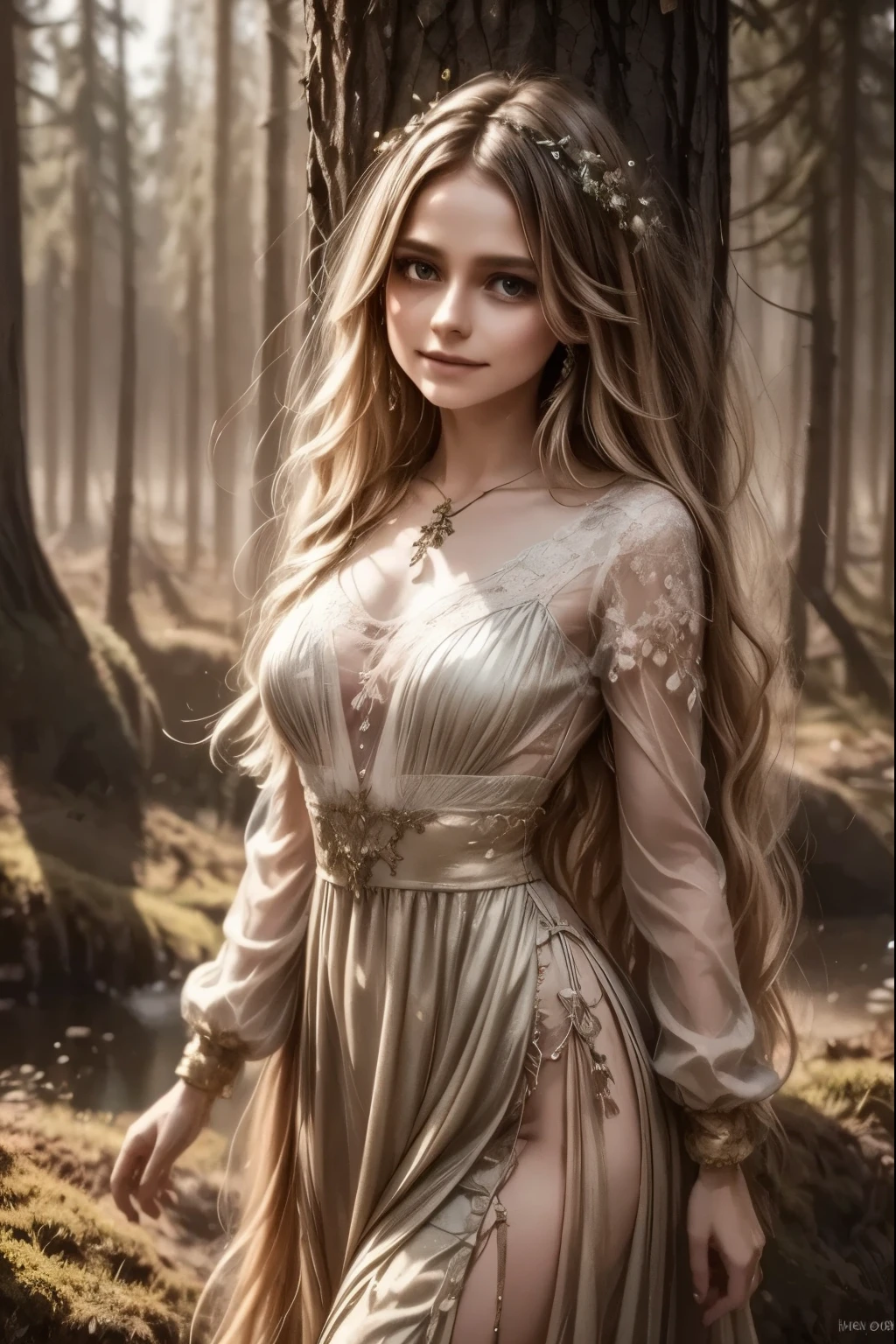 A dreamlike fantasy landscape, a surreal forest with glowing mushrooms, floating islands, and a whimsical castle in the distance, 1girl, detailed face, beautiful eyes, long hair, detailed dress, walking through the mystical scenery, (best quality,4k,8k,highres,masterpiece:1.2),ultra-detailed,(realistic,photorealistic,photo-realistic:1.37),fantasy,surreal,dreamscape,magical,ethereal,glowing,vibrant colors,dramatic lighting