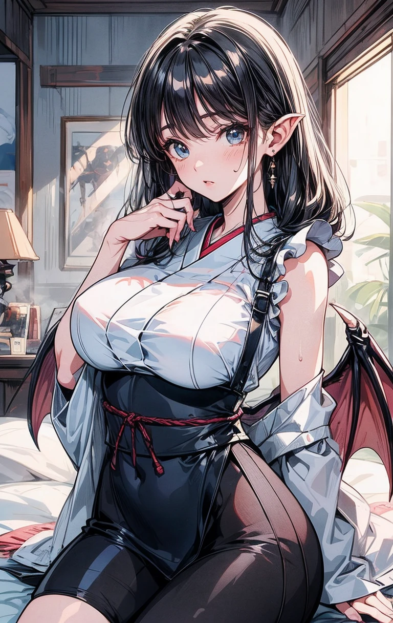 20-year-old girl, Very short black and red hair, Embarrassed look, Red cheeks, Sparkling blue eyes, Large Breasts, White silk robe, Areola, panties, Warm Lighting, Blushed, Embarrassed expression, Cleavage, Long legs, Warm Light, On the bed, Japanese-style room, warm yellow lighting, sunset, Browsing Caution、Goat horns、Bat Wings、Large Breasts,(parted lips:1.3),(half open eyes:1.4),(feeling weak:1.5)、