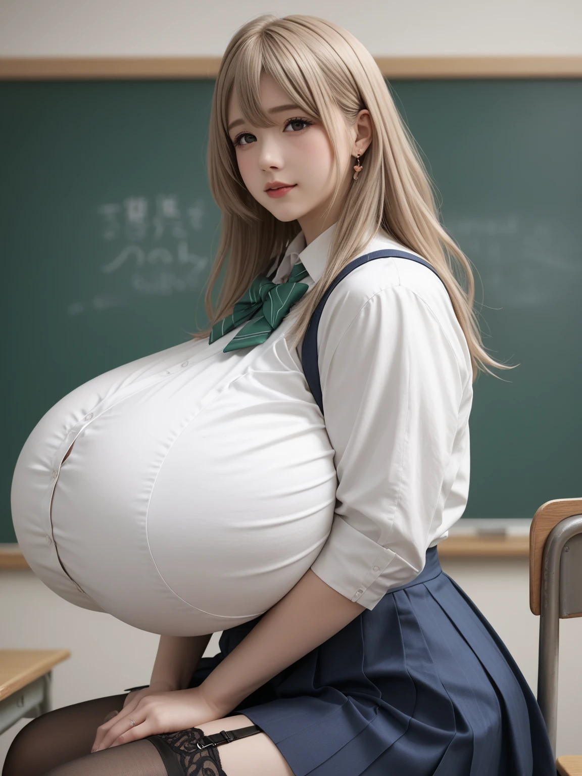 (Huge boobs), teacher, bob hair, glasses, grey t-shirt mini dress, neckline, huge hips