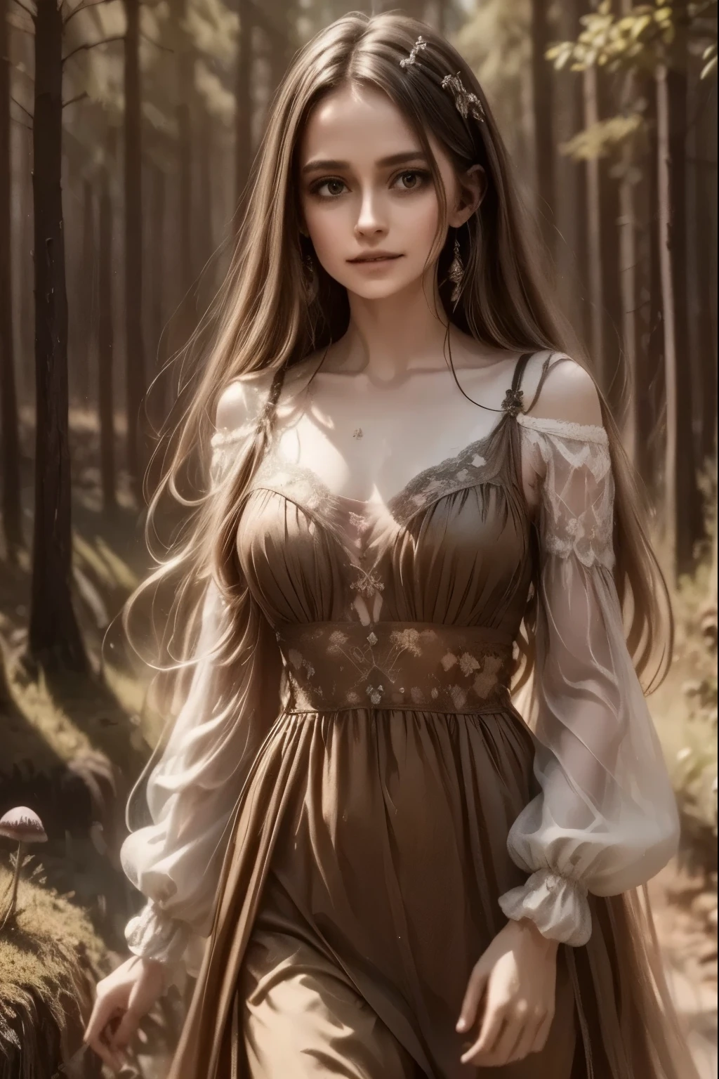 A dreamlike fantasy landscape, a surreal forest with glowing mushrooms, floating islands, and a whimsical castle in the distance, 1girl, detailed face, beautiful eyes, long hair, detailed dress, walking through the mystical scenery, (best quality,4k,8k,highres,masterpiece:1.2),ultra-detailed,(realistic,photorealistic,photo-realistic:1.37),fantasy,surreal,dreamscape,magical,ethereal,glowing,vibrant colors,dramatic lighting