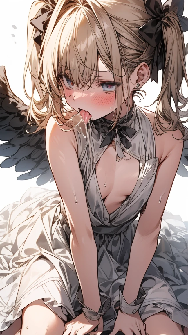 (Masterpiece: 1.4), (Best quality: 1.4), 8K, HD, ultra clear，1girl，（big breasts：1.4），blond hair,(Heart-shaped pupil:1.3),(Tongue out:1.2),scared:1.3，(cry:1.3),princess，Bare abdomen，White lace underwear，Skirt，（Looking up），night，bedroom，necklace，Messy clothes，long hair, angel wings