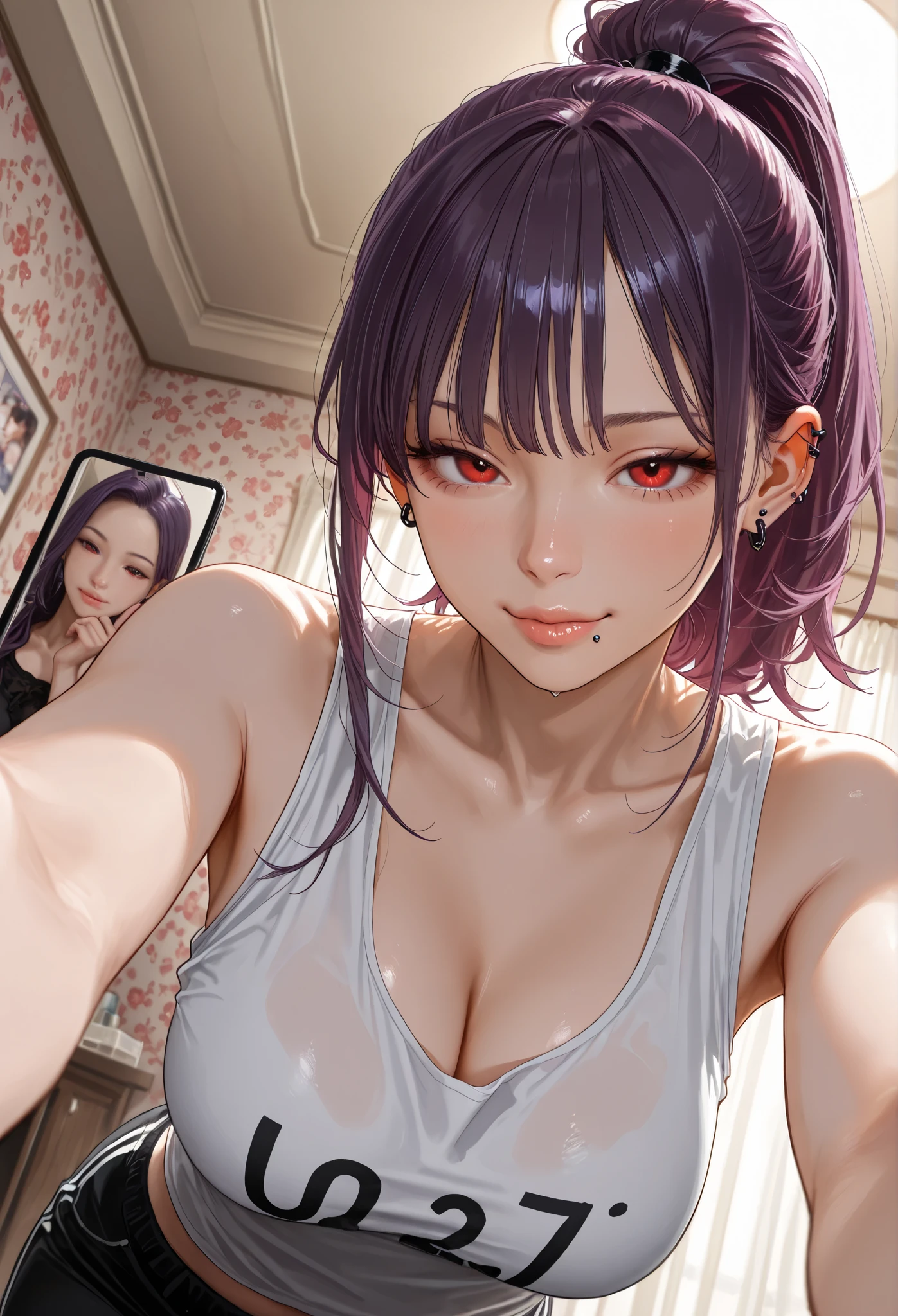 Score_9, Score_8_up, Score_7_up, Score_6_up, Score_5_up, Score_4_up, Source_anime, Tag1, Tag2, seductive face,(original) , (very detailed wallpaper) , (best quality) , (masterpiece) , photographic reality, realistic, very detailed illustrations , beautiful eyes, (delicate face) , perfect detail, (best lighting) , (super complex details) , ultra-detailed, , kogal,((selfie)), ((white tank top1.5)), , 4K unified, (super detailed CG: 1.2) , (8K: 1.2) , realistic, octane rendering, lip piercing, earings, purple hair, red eyes, pov (from below), ponytail hair,