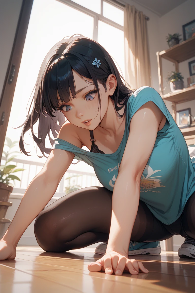 Create a high-quality, detailed image of a beautiful, anime gamer girl with long hair, bright blue eyes, and a smile, sitting at her gaming PC in her gaming room. She is wearing a see through tank top, barely showing her nipples, and sleep shorts, showing her midriff, highlighting her stunning curves. The warm, inviting scene includes soft ambient lighting, comfortable seating, The setting is illuminated by a small lamp, creating a serene and intimate atmosphere