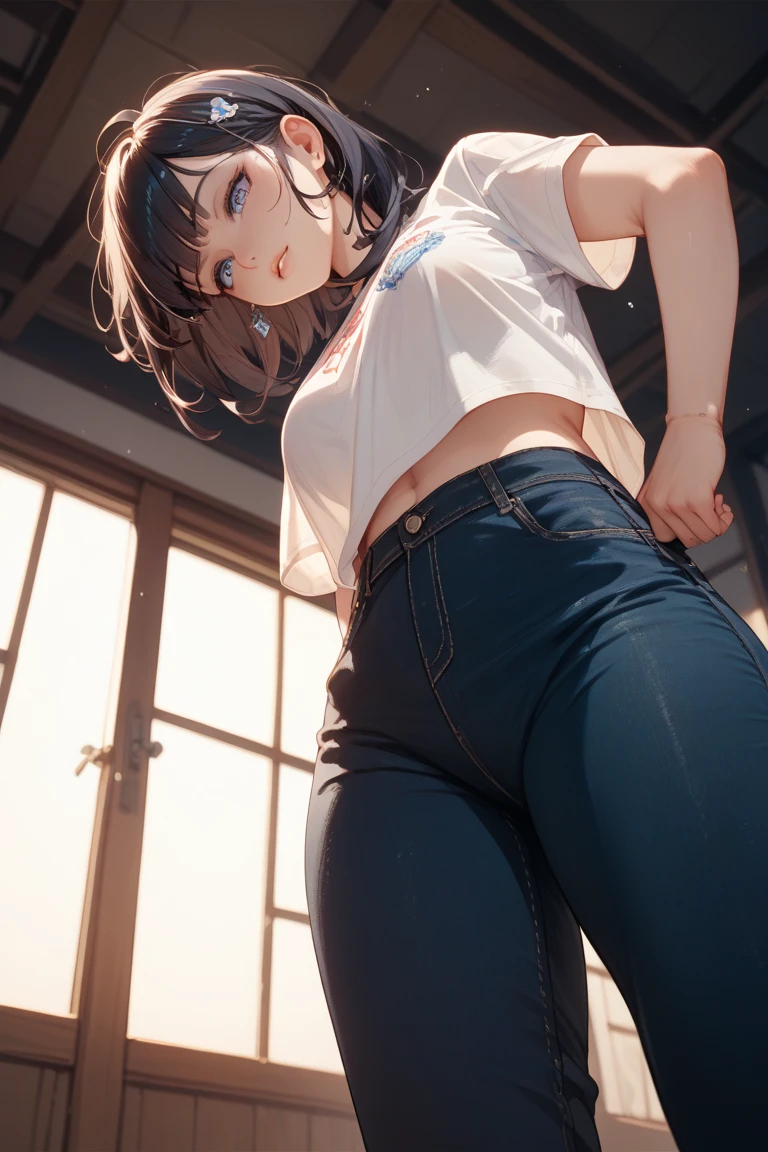 8k, High resolution, Highly detailed face, masterpiece, Highest quality、Thighs、Short Hairstyles、Twin ponytail hairstyle、A short -yeld juiful girl, T-Shirts:1.2、Tight Skirt、She turned her back on me.、From the back:1.2、White Short Socks、Low angle shot、