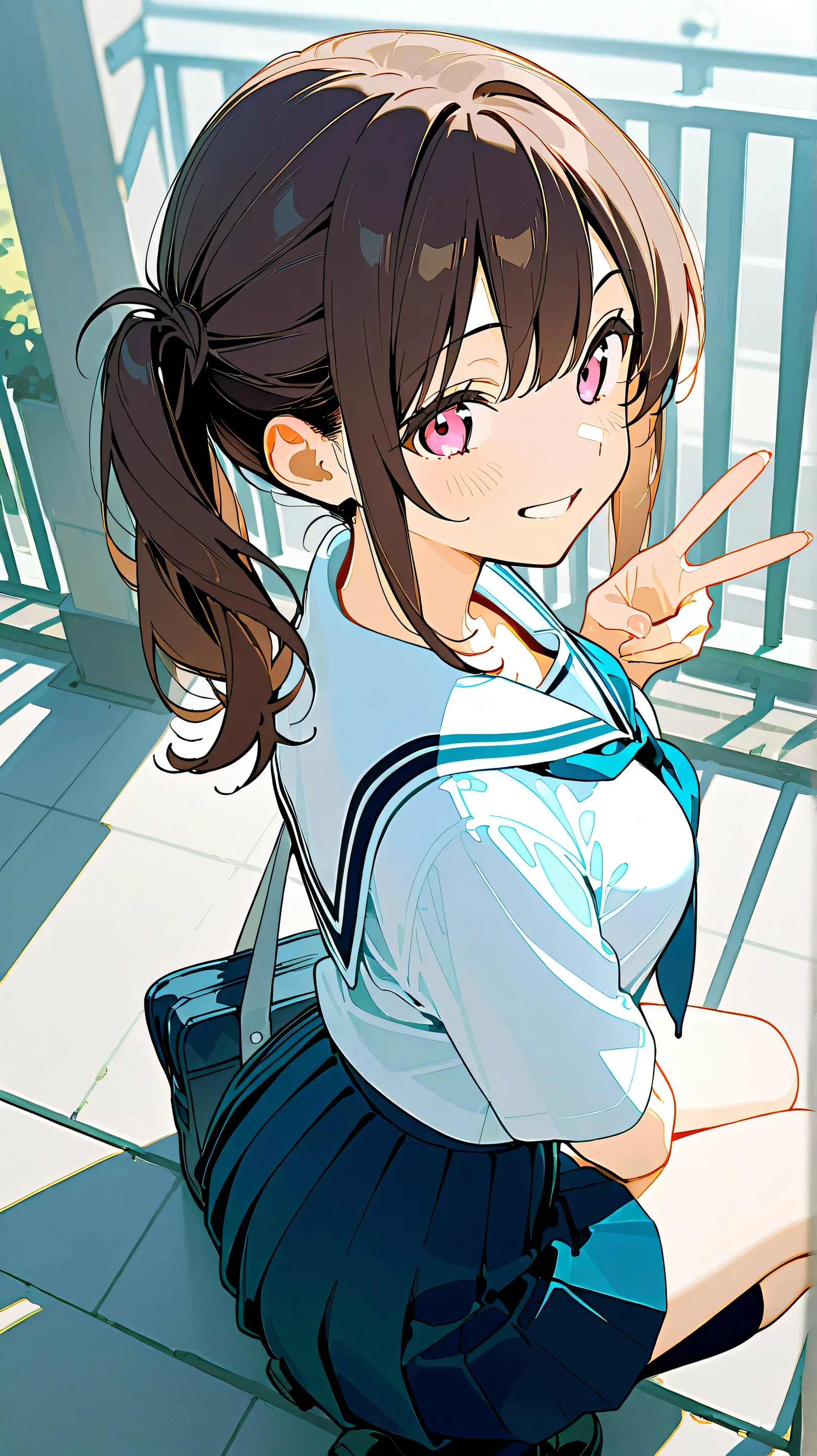 score_9, score_8_up, score_7_up, score_6_up, score_5_up, (masterpiece, Best Quality), Super Detail,, masterpiece, Best Quality, high resolution, 1 girl, medium breasts, clothed schools uniform, schools bag, schools, MAIN GATE, long brown hair, half-twin hairstyle 、 pink eyes、smile, from above, video viewer, squat , close one eye, Cheerfully towards here Peace , A mouth that opens wide to the side, ,