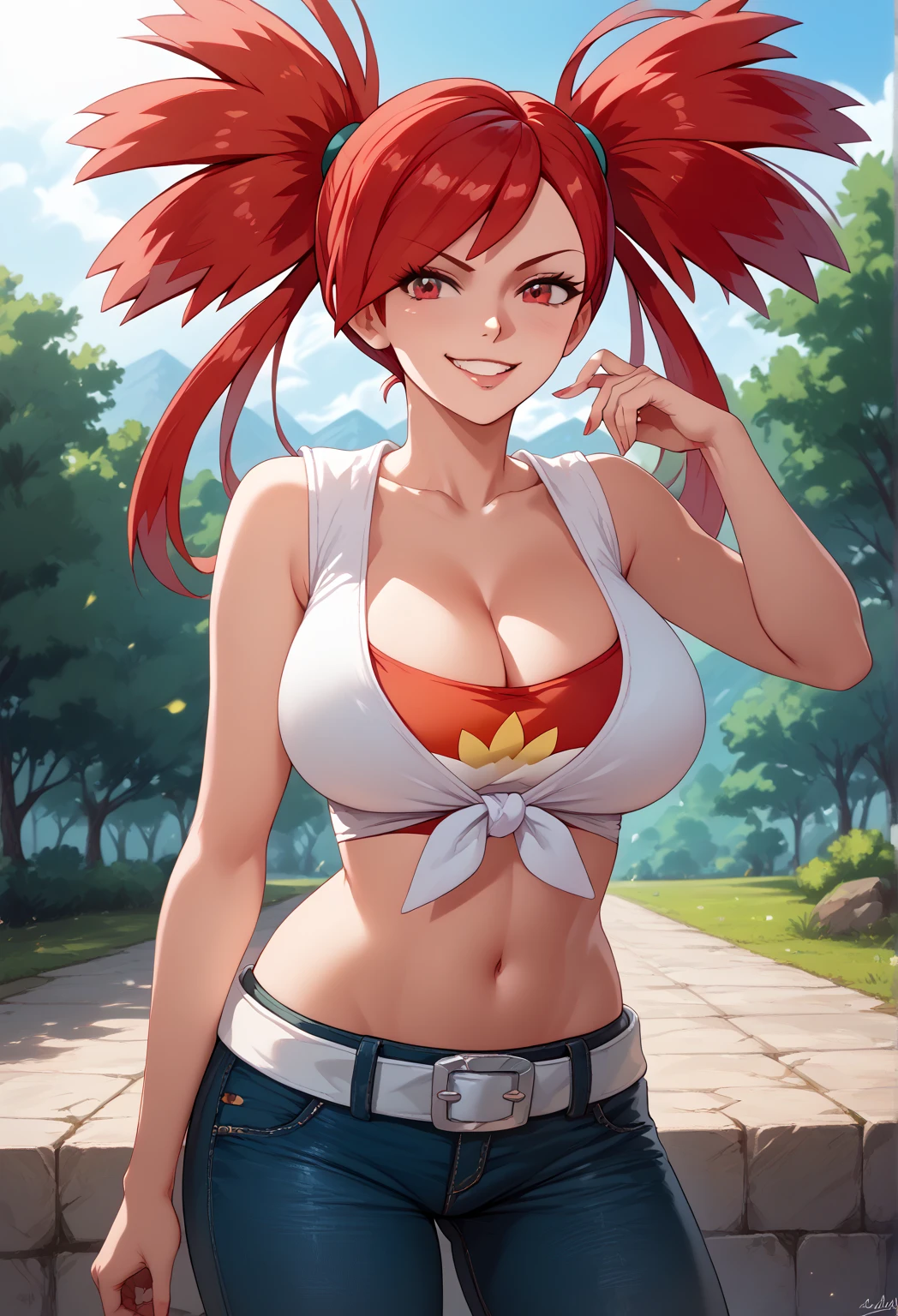 ((1girl)), perfect face, young woman, beautiful face, perfect face, masterpiece, flannery, ((flanneryoras)), red hair, red eyes, ((red tube top:1.3)), ((underboob)), (((small thin Bandeau))), ((red bandeau)), ((huge breasts:1.3)), ((loose top)), ((strapless top)), indentation, bursting breasts, cowboy shot, outdoors, smile :D, facing viewer, ((strapless, bare shoulders)), denim shorts
