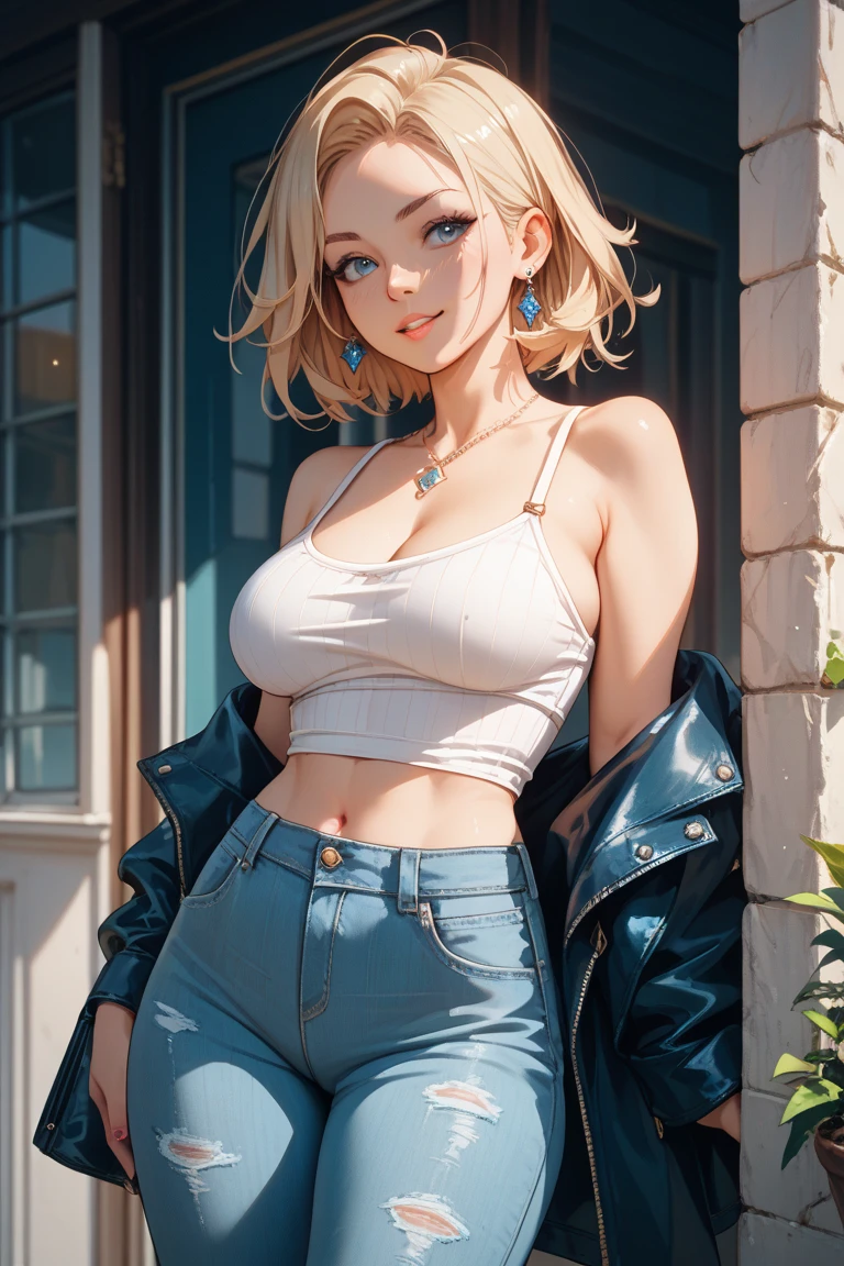 1girl in, solo, android 18, Silver blonde hair, blue eyes, Short hair, Jewelry, earrings, Smile, Jacket, Looking to the side, denim, Denim jacket, Upper body, makeup、cloud, skyporn, day, Looking away, Blue sky, clavicle, Leather Mini Skirt、Amitant、Full body painting of boots、 very Bigger breasts，busty figure, fleshy feeling, Sweat profusely, perfect  detail, High-resolution fine textures, depth of field effect, Vivid lighting effects, lightand shade contrast, Ray tracing and flare effects, Best texture, A futuristic, (((fighting poses)))、Abrasions on the fists, naked pussy, pussy