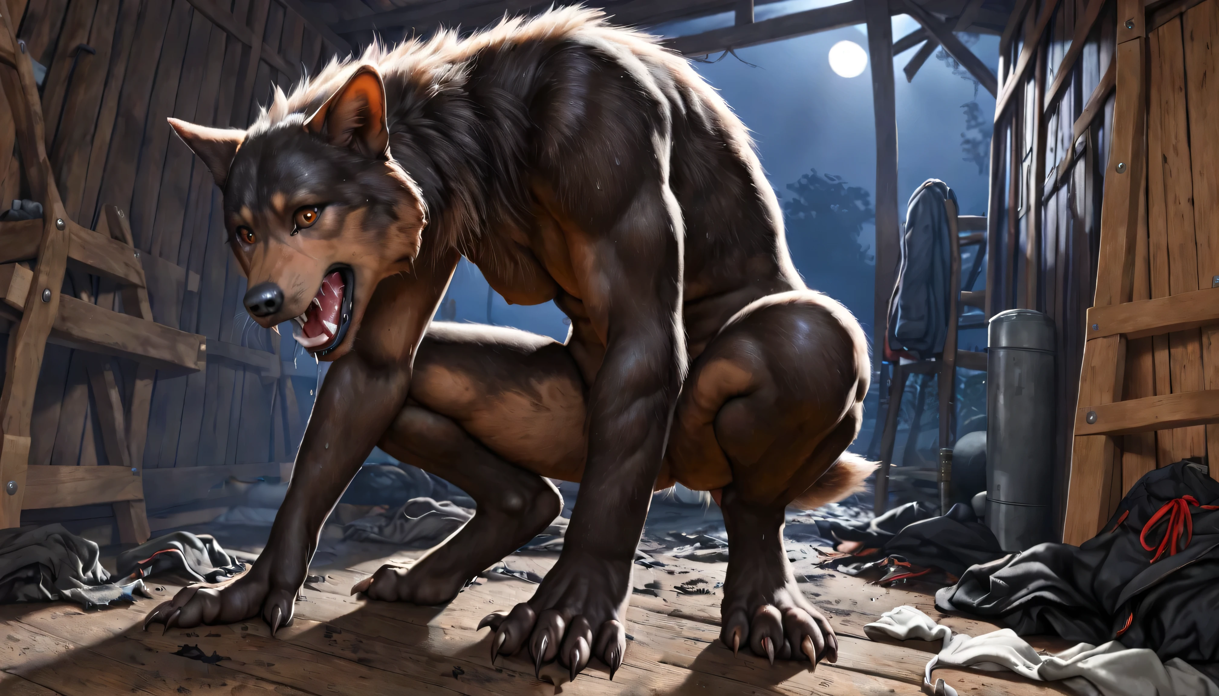 Squat, human, Skin, Werewolf transformation, morfing,  human, [werewolf: human:0.7], [arms: paws:0.7], fangs:0.8, female, [red human skin: fur: 0.5], [human face: snout:0.5], wolf nose, detailed fur, gradual fur, spread, shaking:1.1, crying, sweating, drooling:1.2, in pain:0.8, scared:0.8, shaking, confused:0.8, torn clothes:1.1, thick fingers through, torn socks, deep night, ((darkness, dramatic moonlight, night)), abandoned cabin, scraps around, clothes scraps,((Ultra-detailed, Realistic, Photorealistic, photo-realistic:1.37), 4k, 8k, RAW, HDR, UHD, Canon EOS P3, Canon EOS R3, 85mm f/1.4, 15mm, 35mm, 80mm, f2.8, high resolution, hd, full colour, 4k, high definition, 3 point lighting, sharp focus, smooth, Professional, cinematic, extreme detail, (high detail:1.4) description, masterpiece, deep shades, best quality,))