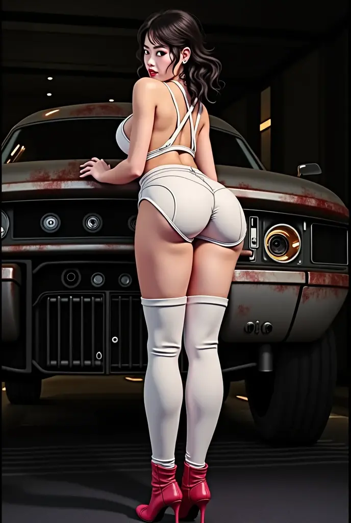 One girl,, Cowboy Shot, blue eyes, Aquabow, beautiful girl、naked、anus, Natural light, (masterpiece, Highest quality), Detailed landscape, (3D Rendering:0.7), Background 2020 Dodge Charger 4-door, Very detailed, In detail