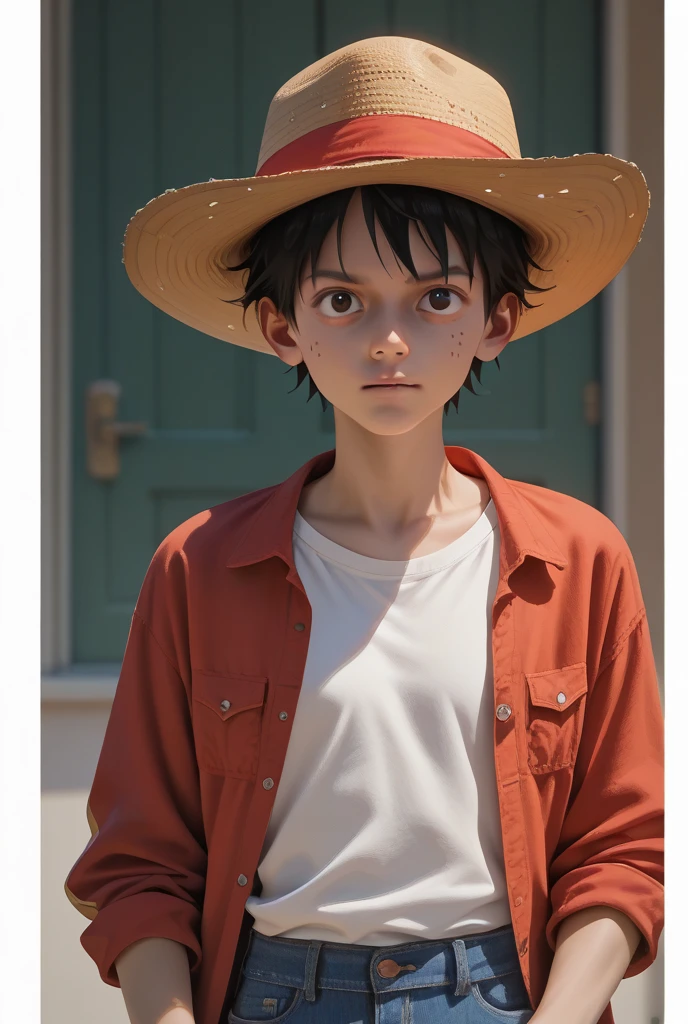 MAN’ Luffy has black shaggy hair, round black eyes, and a slim muscular build. He is renowned for his trademark straw hat, which was lent to him when he was young by the legendary pirate captain, "Red-Haired" Shanks,[35] who in turn received it from Gol D. Roger.[43] Luffy wears an open, long-sleeved red cardigan with four buttons, with a yellow sash tied around his waist (somewhat reminiscent of Gol D. Roger's outfit). Luffy also has a (scar underneath his left eye), which he earned as  by stabbing his face to show Shanks that he was tough enough to be a pirate.[44] ((pirate ship background)).