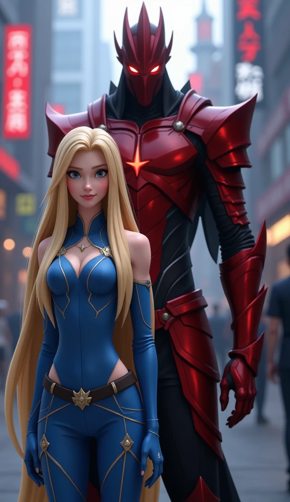 ultra detailed, masterpiece, best quality, supergirl, smile, skin tight high cut skinny bodysuit, cyberpunk style short red cape, blonde ponytail, exposed neck and collarbone, bare shoulders, detailed blue eyes, small breasts, red thigh highs boots, cyborg, robotic parts, luxurious cyberpunk, public, photographer, press conference