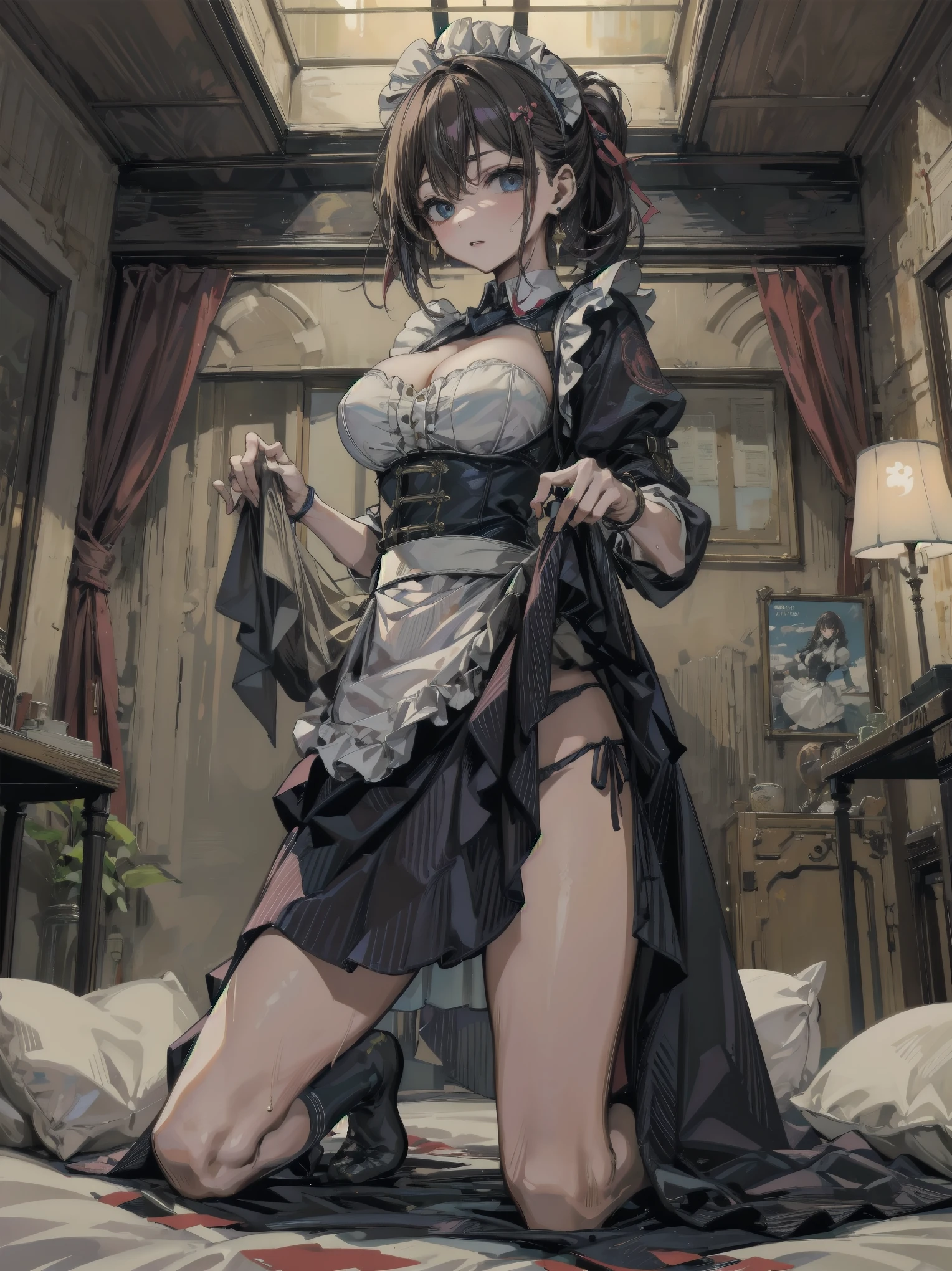 (Detailed illustration,Very detailed and meticulous drawing,Delicate lines，Slow and fast,Realistic texture expression),[Colored braid main line],Inorganic concrete chamber[Night Hospital],(Japan Adult Women[28 years old](Zombie nurse))Hair tied together [Skinny((Small Breasts))][Pale skin](sickly look),([bandaged]Fashion),[[Restore health]],(Delicate and beautiful skin expression [transparency]),[Perfect eye details (Every detail of the iris is beautifully painted)[jewel eyes]],[Long and beautiful eyelashes],[Carefully drawn hair],(Perfect hand details [Beautiful fingers without flaws [Beautiful nails]]),(Perfect anatomical structure(Perfect proportion))[[Full body portrait]],[Ideal color coordination(Accurately simulate the interaction of light and matter)],([Precision details](Details,High Detail)),[[Elegant and soft colors]][Visual art that conveys a sense of narrative] [[Eros in the natural body]].Squat，sit down，Legs apart，Showing breasts，Exposing the belly，Corset，Naked body，Kneel down，Soaked，Milky white liquid flows to the ground，
