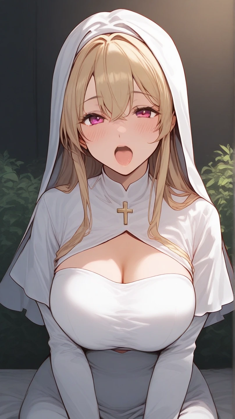 1girl, nsfw, houjousatoko, short hair, blonde hair, purple eyes ,hairband, , , empty eyes ,(wearing nothing:1.5), large breasts, ,Slicing meat, nipple, church, , bedroom, blue sky,