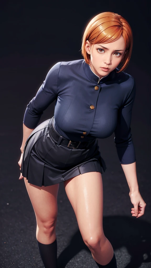 （（（完美figure，figure，solo， （（（Blue black jacket, blue black pleated skirt, black stockings, brown shoes, brown belt ））），（（（nobarakugisakinova，Orange eyes，orange short hair））），((masterpiece)),high resolution, ((Best quality at best))，masterpiece，quality，Best quality，（（（ Exquisite facial features，Looking at the audience,There is light in the eyes，(（（lol，confidence））)，））），型figure:1.7））），（（（Light and shadow，Huge breasts））），（（（Looking at the camera，black background，）））