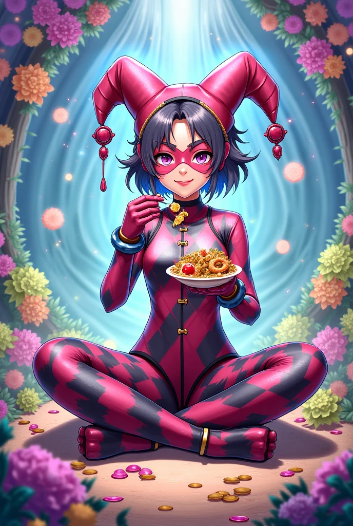Mature beautiful woman,(Highest quality,Extremely detailed depiction,Incredibly absurd high resolution,Anatomically accurate depiction,Curvy Legs),(Glowing Skin,Shiny skin),(Royal suit,Butler-style outfit,Tight fit),eyelash,Flashy makeup,eye shadow,Glowing pink eyes,There is cleavage in the chest,Glossy red lipstick,Shadowed face,A seductive smile,whole body,Standing posture,In her hand she holds a rainbow of glass tulips:1.5