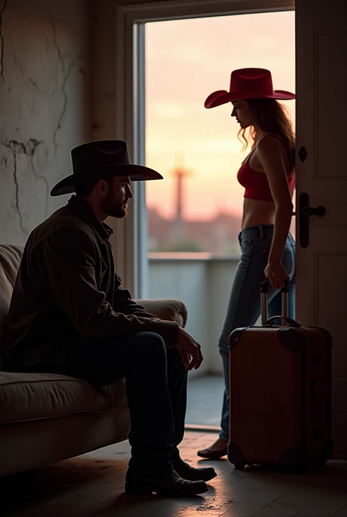 cinematic photo a guy in the street with with luggage and sad angry mood, in background a nude woman kissing another man under a porch of the house, highly detailed,, artstation hd, deviantart, by madgwick,, greg rutkowski, artgerm . 35mm photograph, film, bokeh, professional, 4k, highly detailed