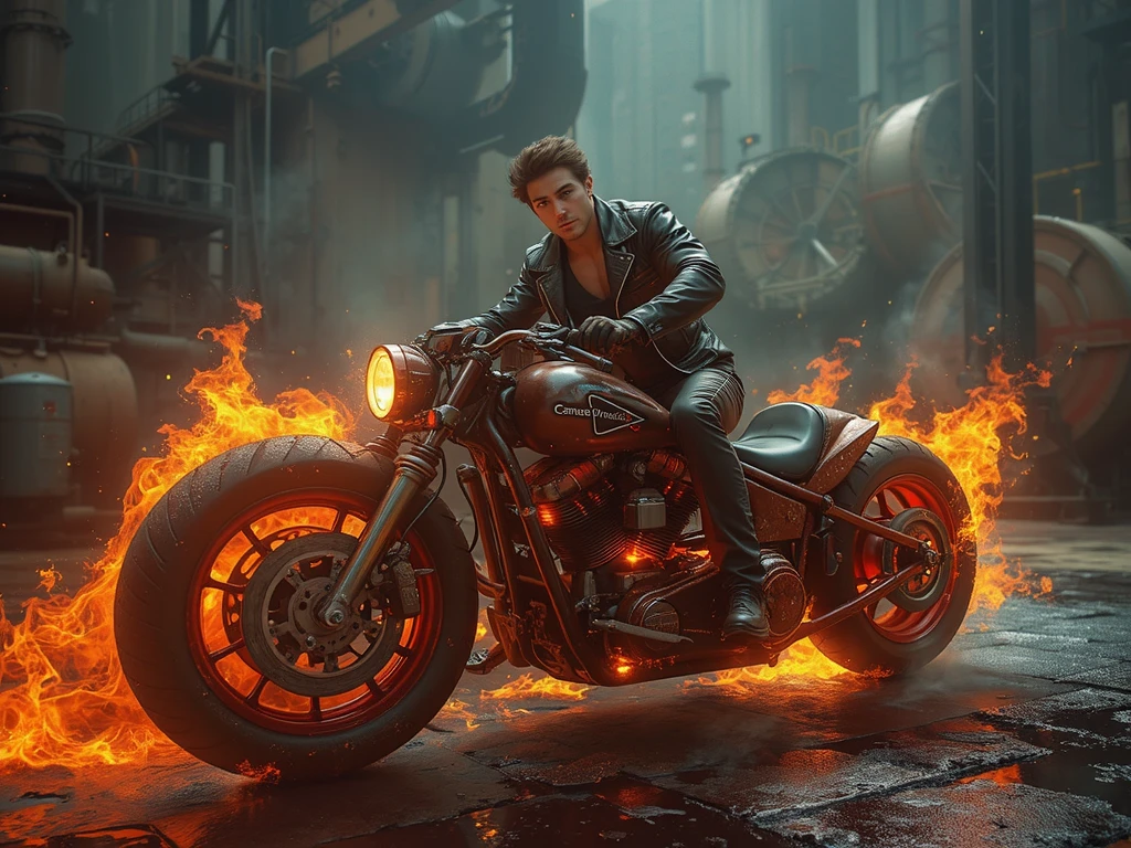 a handsome young man, wearing leather jacket, sitting on the glowing flamed chopper motorbike, the motor like in the ghost rider movie, the wall of the death as a background, intricate flames, intricate chopper motorbike, hyper detailed man, hyper detailed jacket, vivid glowing, best quality