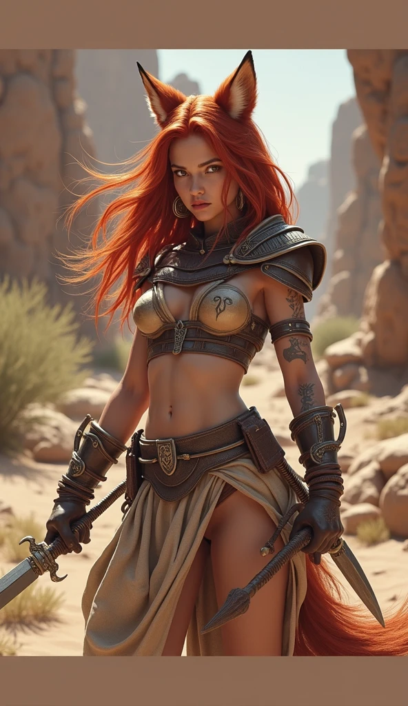 a female barbarian with orange hair in a high pony tail. wearing black and orange clothing, animal hides, leather straps, buckles, high collar, (bronze highlights, bronze trim). Show her standing on a battle field, blood spattered on her face, serious expression, feet wide spread, solid fighting stance, holding an axe. use a dramatic comic book style richly detailed inspired by masters of the universe