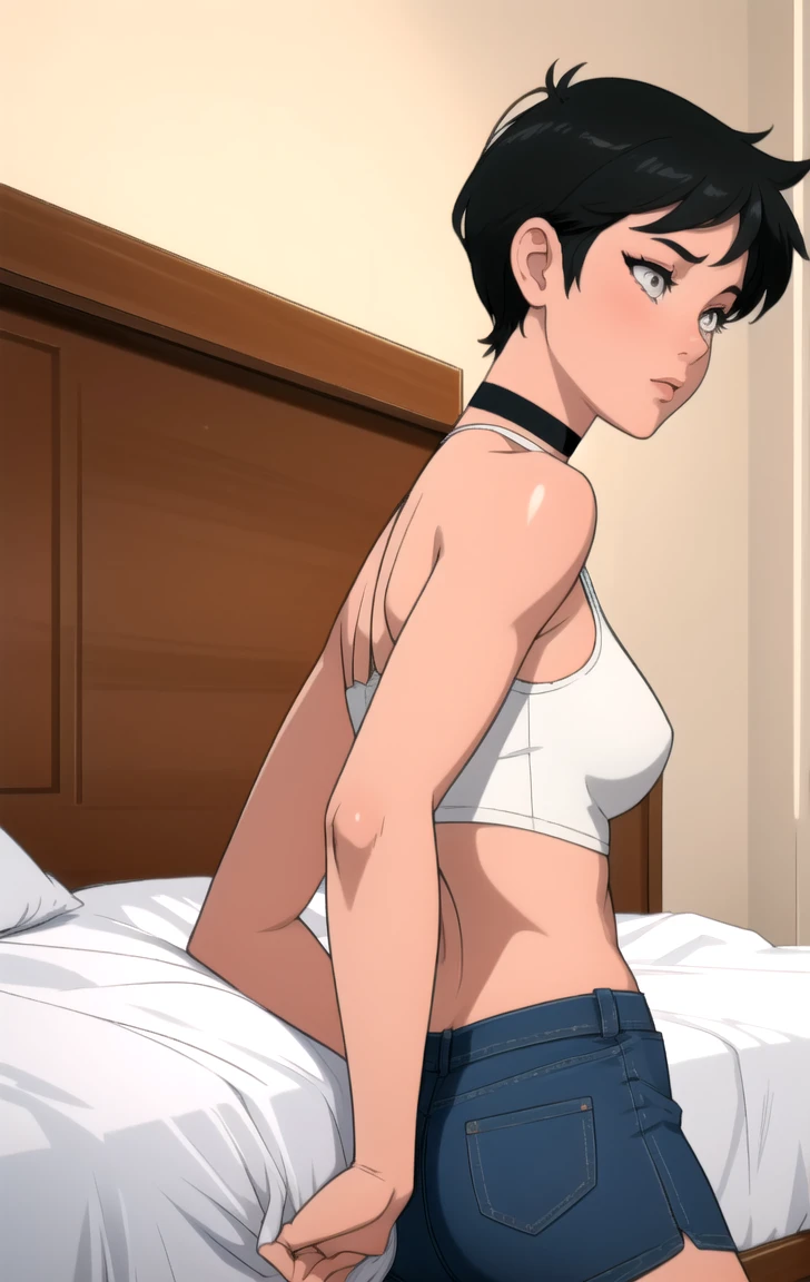 (high resolution, pixel perfect, gorgeous illustrations), (hyper quality, muste piece, etheric: 1.4), ((nsfw)), (((cowboy shot))), face focus, ((1girl)), (((Androgynous))), ((((sexy pose, open stance)))), cool atmosphere, black hair, ((((bob cut)))), (((Exquisite face))), blush, ((muscular_female)), (ideal ratio body proportions, slender, flat chest), fighter, ((nude)), sweat, shiny skin, gleaming skin, simple background,