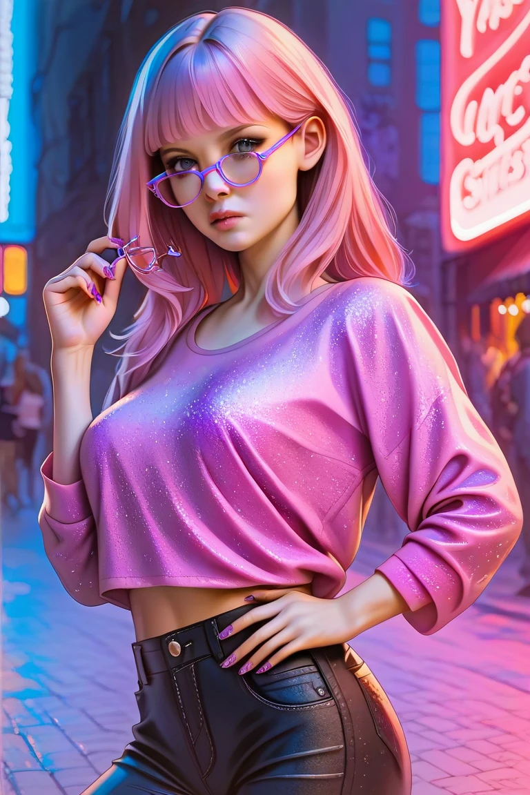 (Pink hair,+femele,shift dresses:1.2,Perfect face,Real human skin,that attracts attention,Gold-rimmed glasses frame:1.1,Reddish cheeks,+ssmile:1.2)+Realistic background,the street,blur backgroun