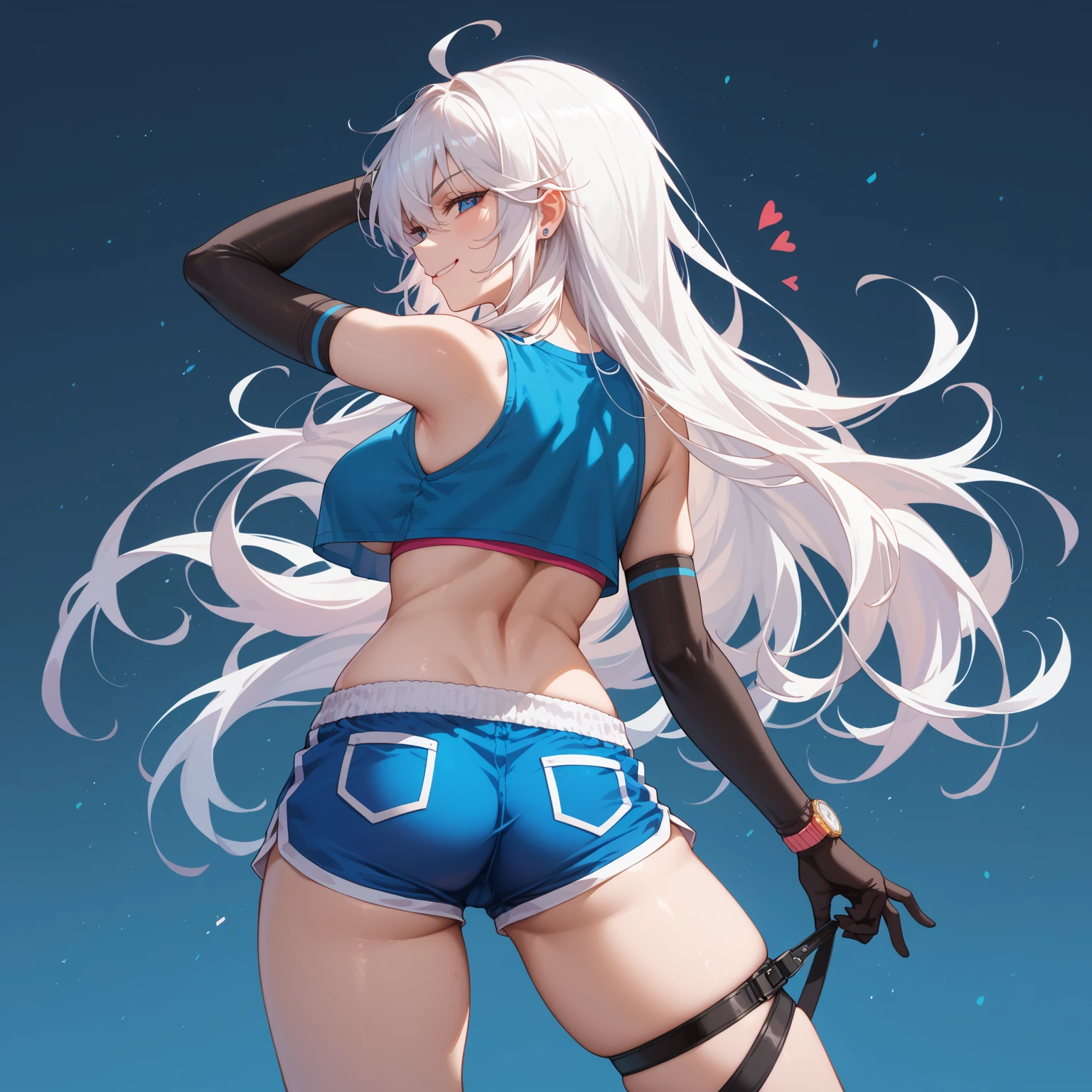 Super detailed、highest quality、Best image quality、masterpiece、8K、Anime Face、A kind smile、Open Mouth、Sparkling Blue Eyes、Long blonde curly hair、Cat ears grow、Wearing a frilly headband、(SFW huge body)、(((Rear view)))、Cowboy Shot、(Wearing a white thong:1.5)、Muscles of the whole body、Hands on hips