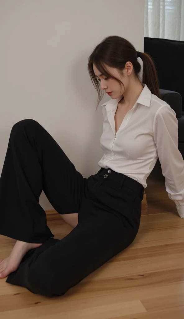 a 16 year old actress, the most beautiful woman's face in the world, the perfect body proportions for a woman, blazer is worn on shirt, right shape of her vagina between opened legs, inside two pairs of opened labia, her pubic hair, she is sitting on a couch in the living room, nsfw, best quality, highly detailed, masterpiece, ultra high res, photo realistic, 8k
