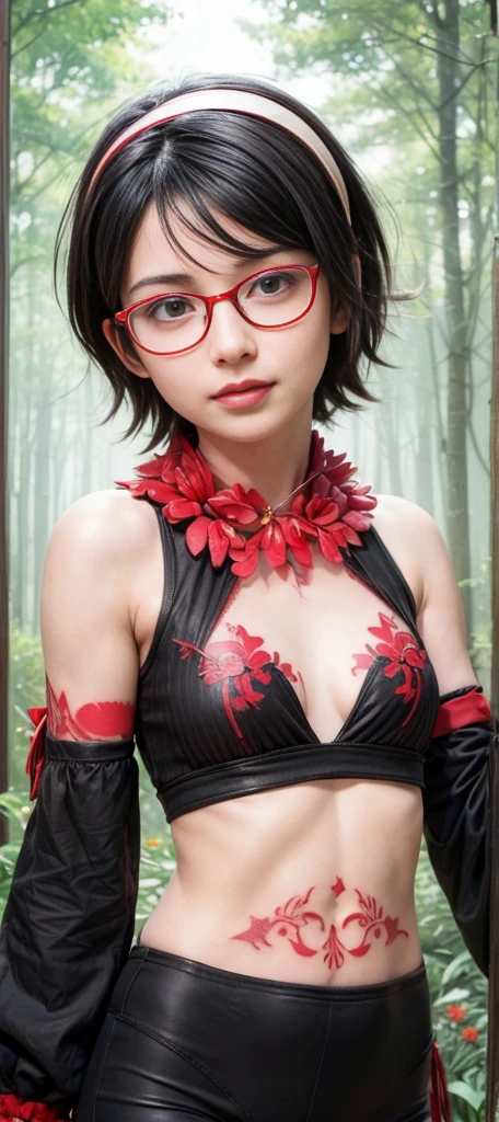 masterpiece, best quality, (realistic,photo-realistic:1.4), (RAW photo:1.2), extremely detailed CG unity 8k wallpaper, delicate and beautiful, amazing, finely detail,official art, absurdres, incredibly absurdres, huge filesize, ultra-detailed, extremely detailed, extremely detailkcaled girl,extremely detailed eyes and face, light on face,little smiles,short hair,black hair,garden,(wearing red framed glasses:1.4),forest,small breast