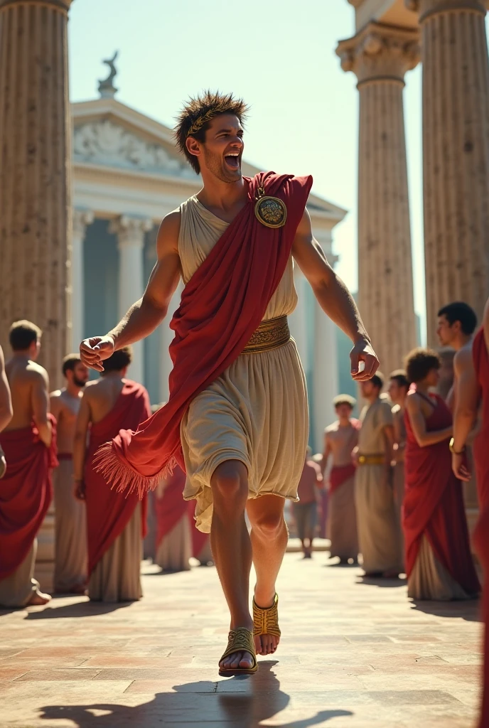 (Beautiful young real men:1.2)、(Real People:1.4)、(Painting humans, not sculptures:1.2)、Ancient Greek Discus Throwing、Ancient Greek costume toga、In the background is an ancient Greek stadium、An enthusiastic venue、a heavy atmosphere、Traditional atmosphere、