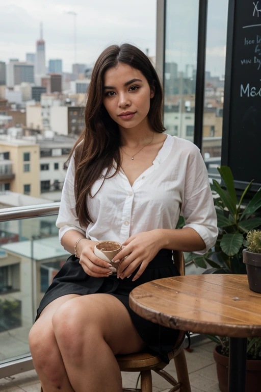 A Brazilian woman at a cafe, with the city in the background