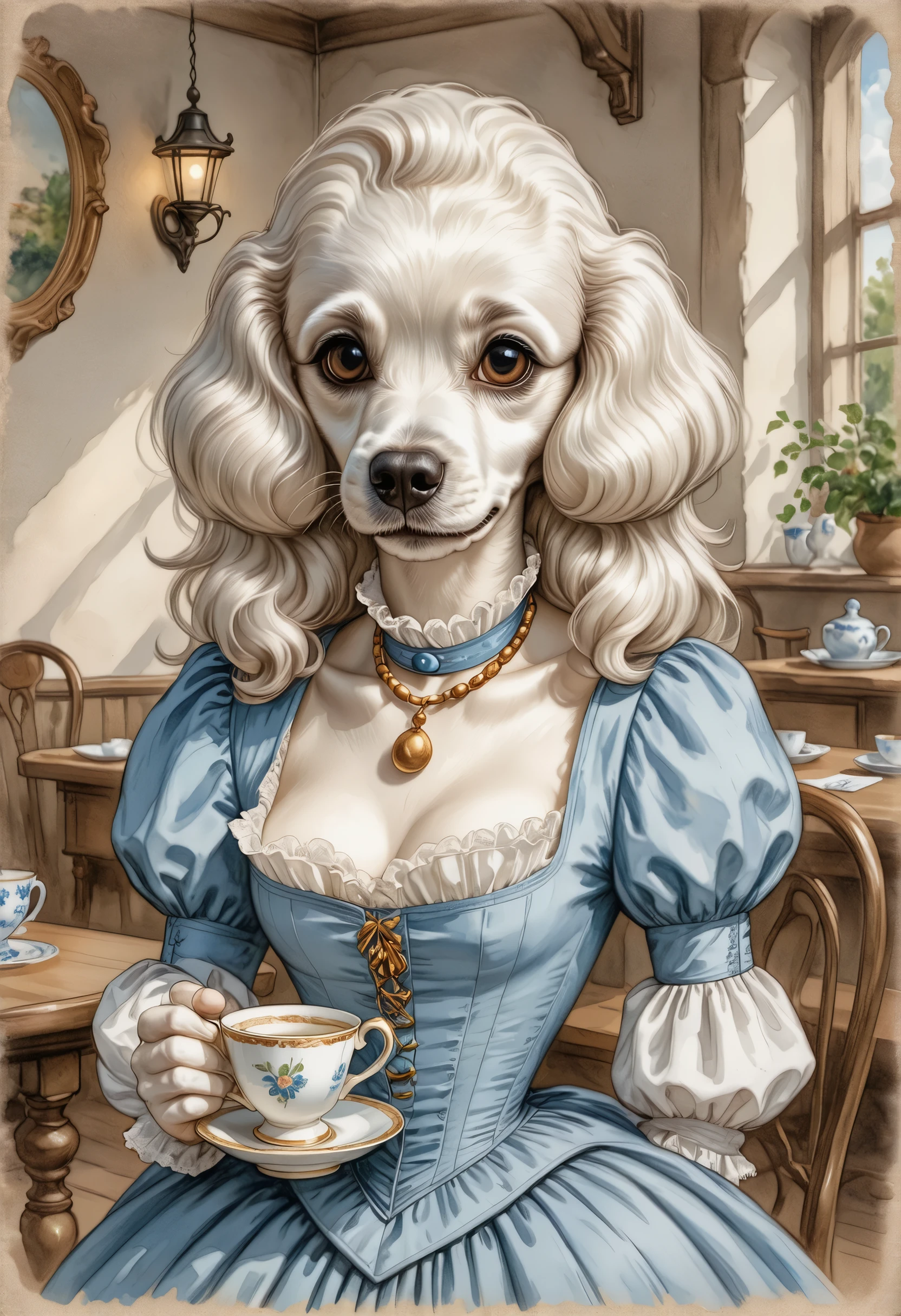 2-D art, cartoon style, old-school Disney, hand drawing, (best quality, masterpiece:1.2), side view, anthropomorphic, a Poodle dog with long white hair, wearing victorian dress, landlady, old lady, holding a cup of tea, 1890s style, noire, simple lines, looking to camera, serteuse look, big expressive eyes, (natural textile texture, soft light, sharp:1.2), (intricate details:1.1), bokeh