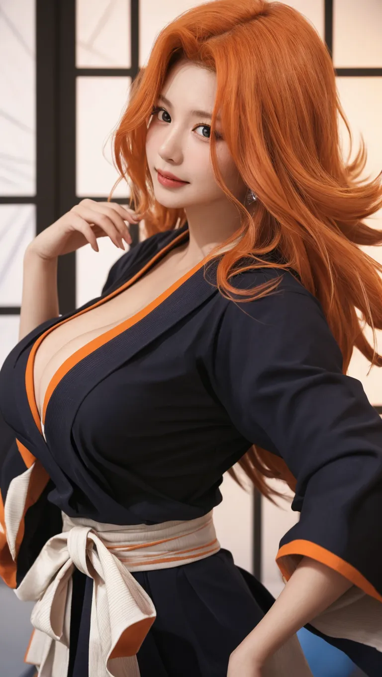 photorealistic, high resolution, 1women, solo, hips up, look at viewer, (detailed face), wanostyle, nami_1800, huge breasts, tattoo, orange hair, colorful kimono