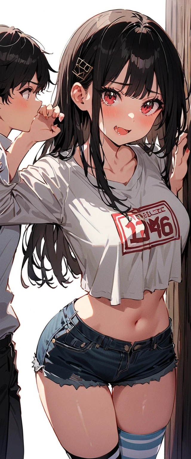 Overlooking,highest quality,Beautiful face in every detail,cute,Dark brown eyes,(背の低いcute女の子,Small young student,Young delicate girl),(masterpiece,Top quality),Black Hair,Sleepy expression,Crop Top Look,Black Shirt,White shorts