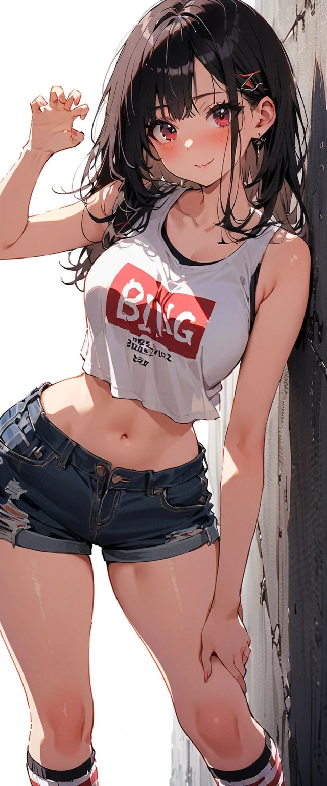 20 years old,1 mature woman,hyperrealistic, 8k, (extremely detailed 8k), (very delicate and beautiful), (masterpiece), (better quality:1.0), (ultra high resolution:1.0), (masterpiece, best quality),cute,black hair,full body,white background,realistic skin,Crop Top, Denim Shorts, Striped Knee Socks,big breasts,pink nail,forehead,acrobatic pose,