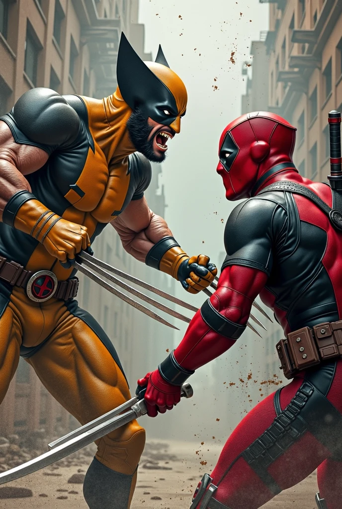masterpiece, Highest quality, The best vantage point, Super detailed and intricate, Very delicate and beautiful, Highest quality light, (Ray Tracing:1.1),Deadpool and Wolverine、Stabbing the enemy、Bloody、During fierce fighting、Knock down the enemy、DEADPOOL title logo in the background