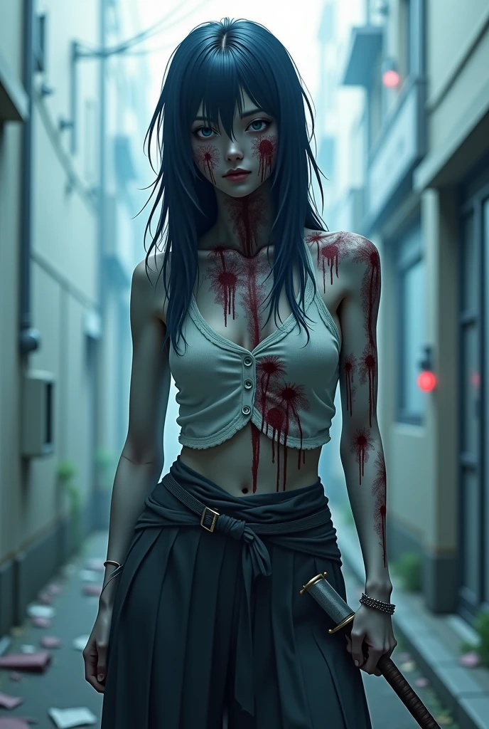 (((Good face, good eyes, pretty face, Good mouth, Good nose))), ((((stomach, Nice belly, thin, shades, Nice navel, the ribs)))), ((((perfect anatomia)))), ((animemanga girl, Japanese cartoon)), detailedbackground, A high resolution, offcial art, (tmasterpiece, Best quality at best, absurd res), ((((1个Giant Breast Girl, Alone)))), ((extreme hight detail)), (ultra - detailed), (ctextured skin), (((Very clear))), Best quality at best, tmasterpiece, A high resolution, Angry, contusion, Bandaged arm, bandagens, Adhesive bandage, Band-aid on cheek, Put a band-aid on your face, Put a band-aid on the nose, exposed bare shoulders, cosmetics, Medium hair, with gray hair, low ponytail, eBlue eyes, arm tattoos, chest tattoo, Abs, musculous, Muscle woman, choker necklace, halter neck, jewely, Black belt, belt buckle, Black pants, Black gloves, Fingerless gloves, Collar, Chopping, Crop top, vests, White top, Naked arms, exposed bare shoulders, arm guards, looking at viewert, with her mouth open, teeth, bloods, bleeding from mouth, perspiring, battlefiled, 废墟, Outdoor activities