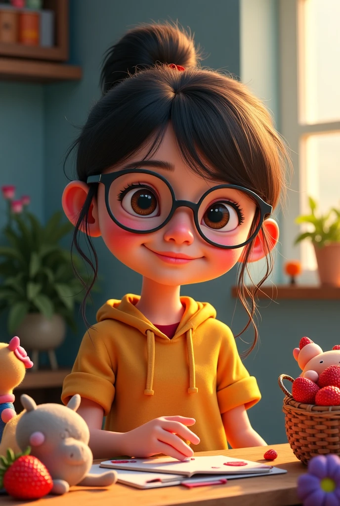  girl with 3 test tubes of different colors wearing adidas sweatshirt in pixar drawing