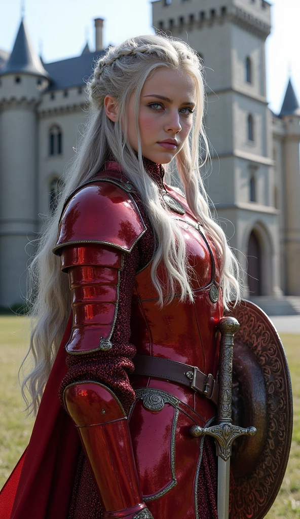 (masterpiece), (ultra high resolution), (extremely intricate), (exquisitely detailed), (photorealistic), girl with long silver hair, hairbraids, big breats, blue eyes, full body; glittering red full body armour; sword in right hand; ornate shield of lion in left hand; castle hall in the background