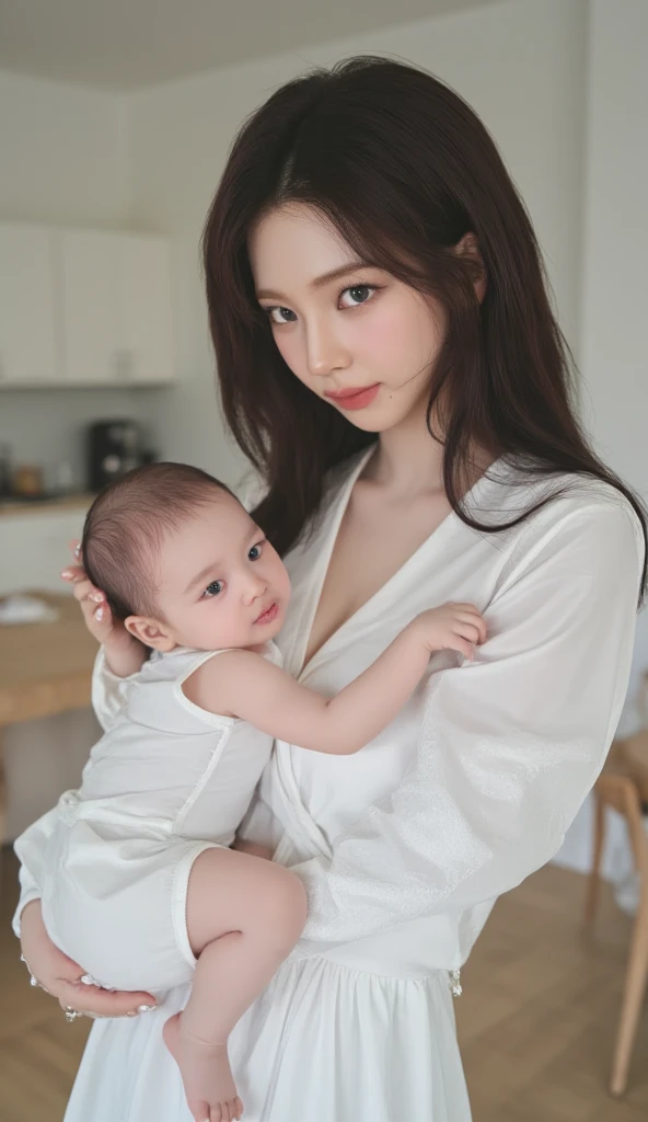 s cute girl wirh stylish modern dress with hot romantic mood pic 16k quality with cute baby